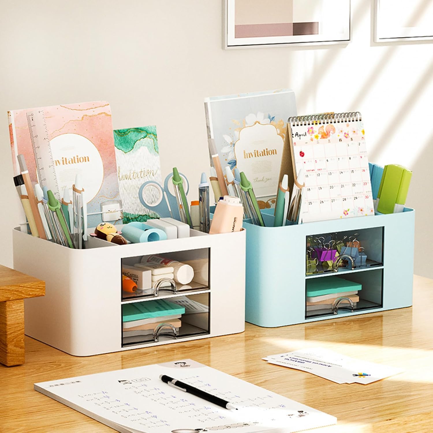 Zeinwap Organizer da scrivania multifunzione con 5 scomparti e 2 cassetti, per scrivania, articoli di cancelleria, cosmetici, penne, pinzette, foglietti adesivi, colore: blu