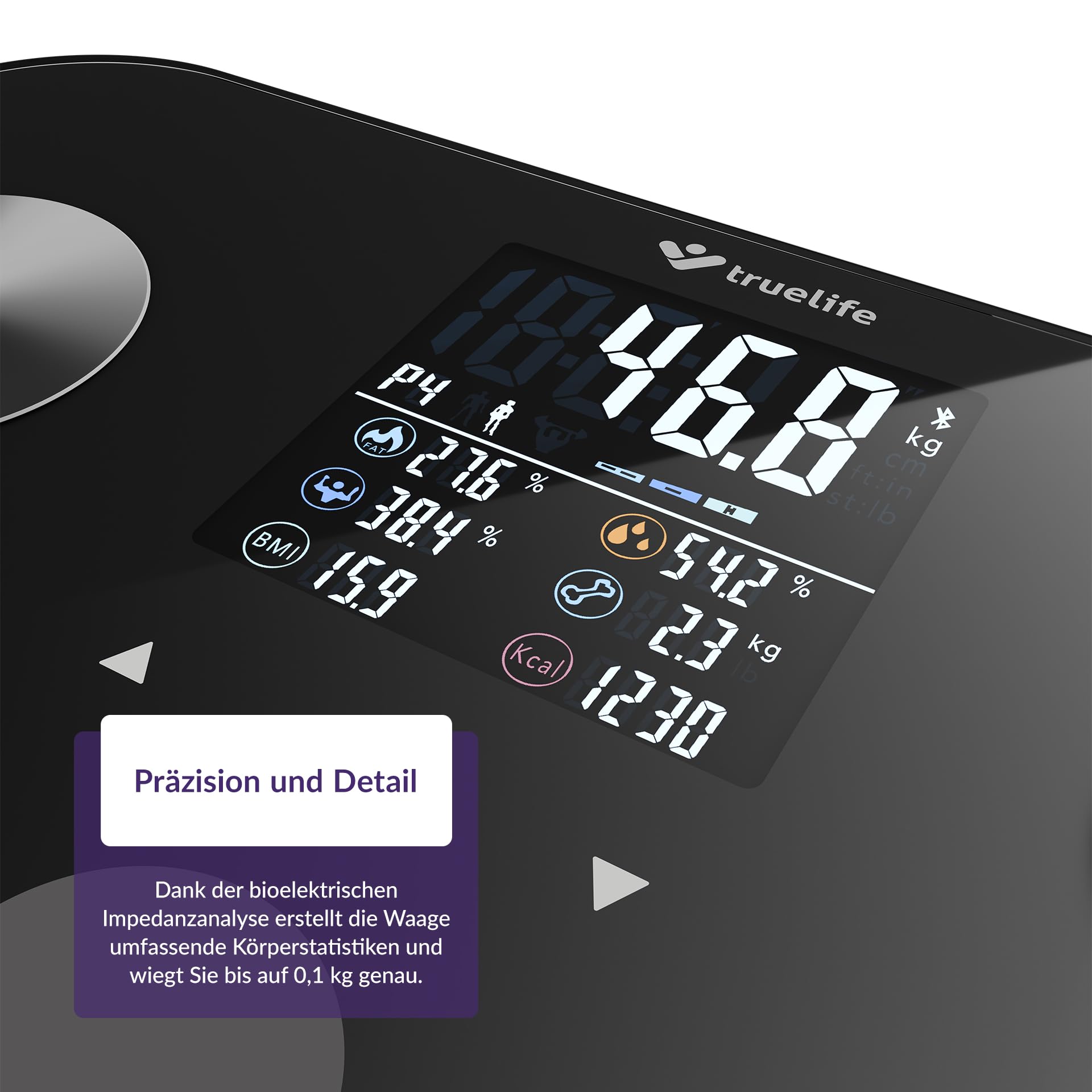 TrueLife FitScale W6 BT Bilancia diagnostica personale Bluetooth, misurazione con analisi dell'impedenza bioelettrica, 19 indici del corpo misurabili, display LCD colorato, fino a 8 utenti, app mobile