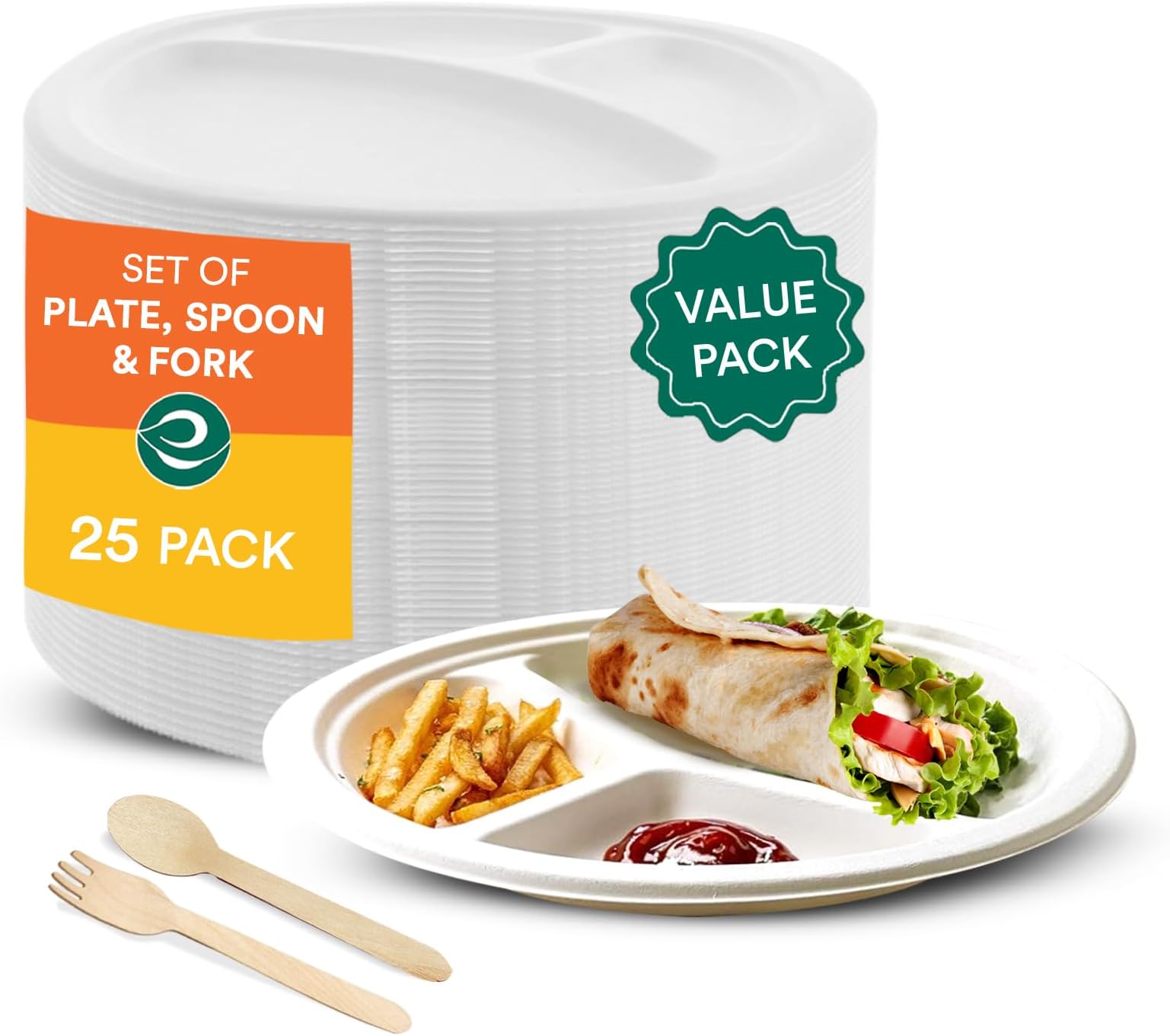 ECO SOUL Biodegradable Disposable Tableware Set | Eco-Friendly and Perfect for Wedding, Birthday and Party | Includes 10 inch [25 cm] 3 Compartment Round Plate, 160 mm Birchwood Spoon & Fork [25 Each]