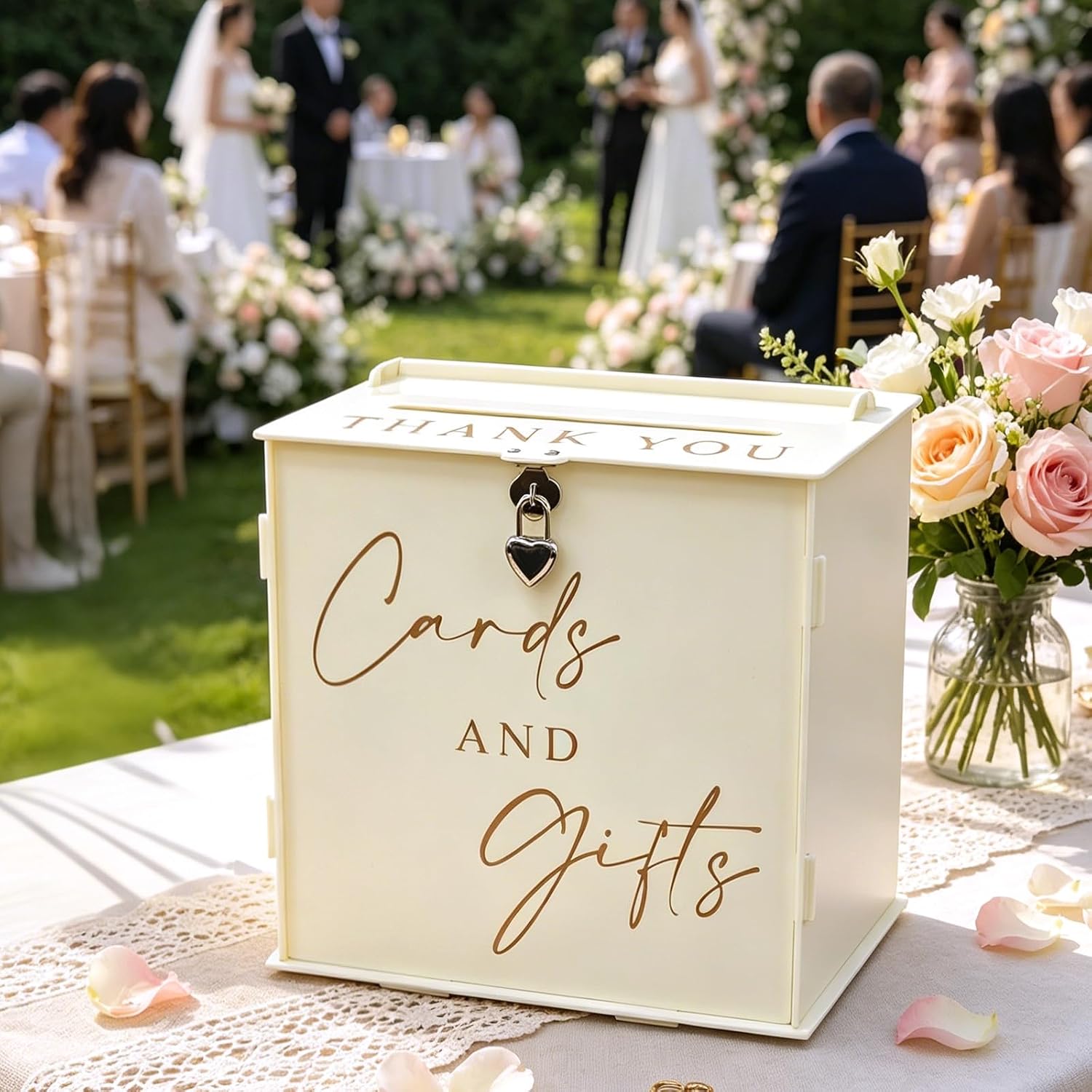 Acrylic Card Box with Lock & Slot, Warmy Cream Money Gift Card Box for Wedding Reception, Cash Envelope Box Ideal for Graduation Bridal Baby Shower Quinceanera & Baptism Party Supplies