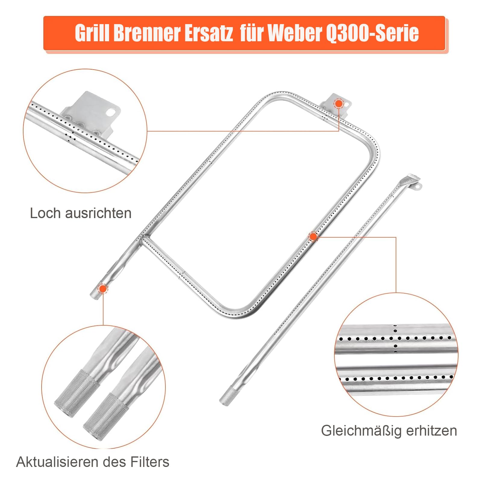 GFTIME 65032 Brenner Edelstahl für Weber Q300, Q320, Q3000, Q3200, 404341, 57060001, 586002 Gasgrill, Grill Brenner Ersatz für Weber 60036, 80385, 13122, 424001 426001