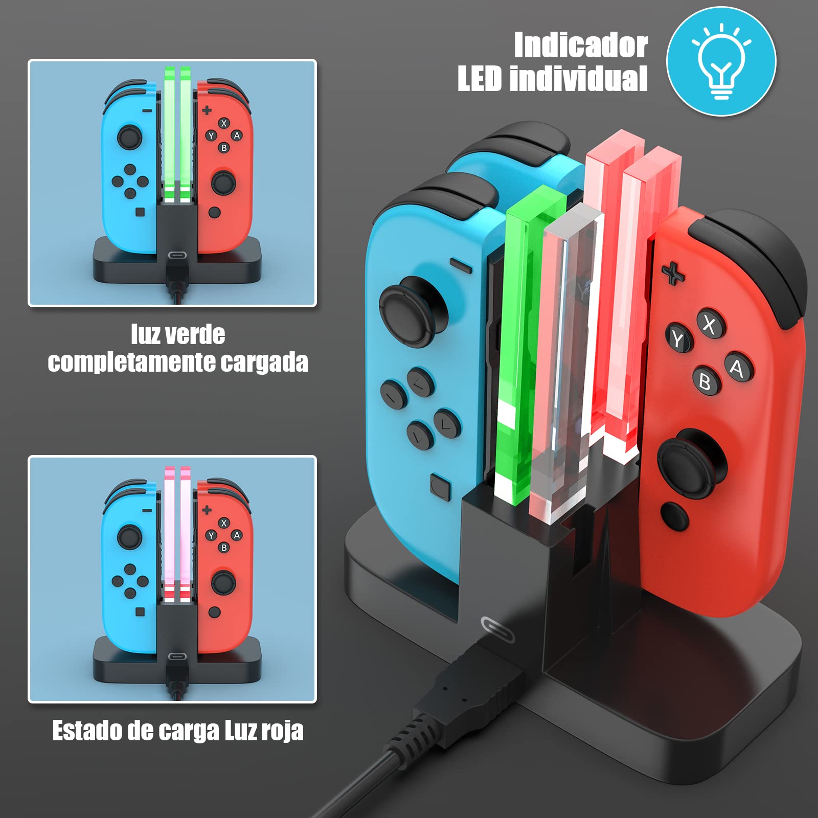 Base de Carga para Switch,[4 en 1] Diyife Cargador para Nintendo Switch Joy,Cargador del Controlador, Estación de Carga de Controlador con Puerto USB-C, Indicador LED
