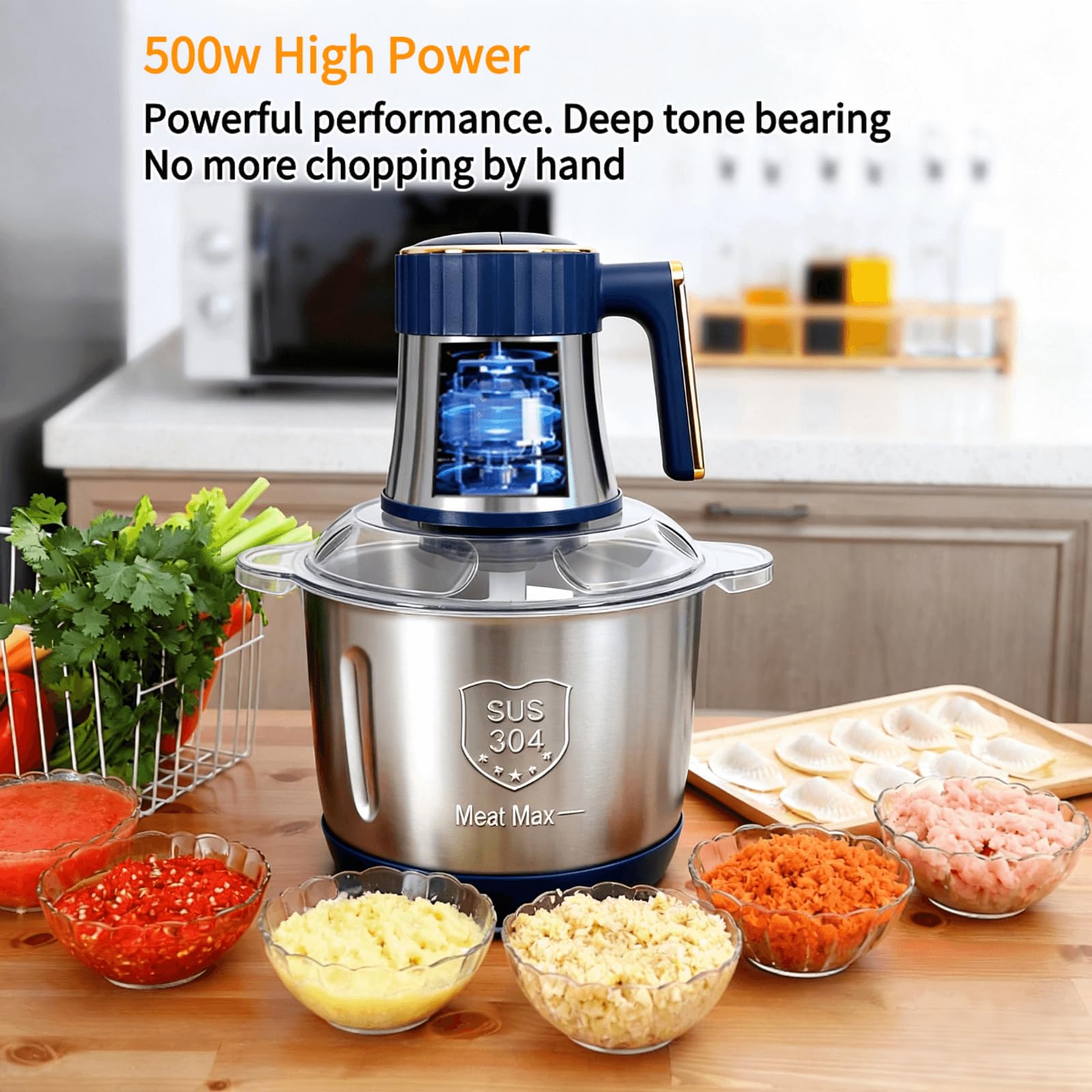 Picadora eléctrica de 5 velocidades con capacidad de 5 litros, potencia de 500 W, dos juegos de 6 cuchillas para carne, nueces, frutas, ajo, verduras y mezcla de masa, plata, para cocina doméstica