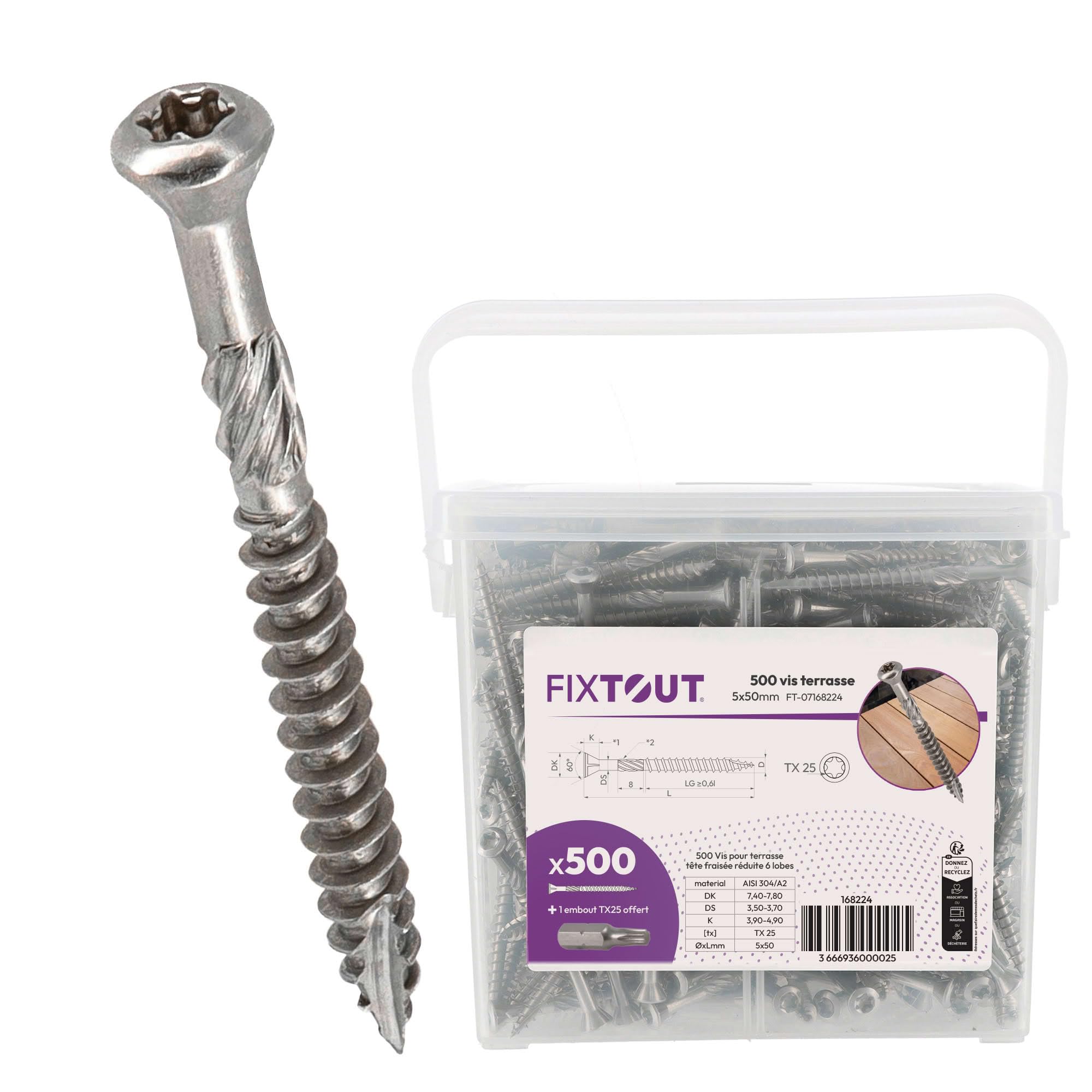 Lot de 1000 vis terrasse INOX A2 - tête fraisée reduite TORX 25 - Diamètre 5mm - Diamètre 5 mm
