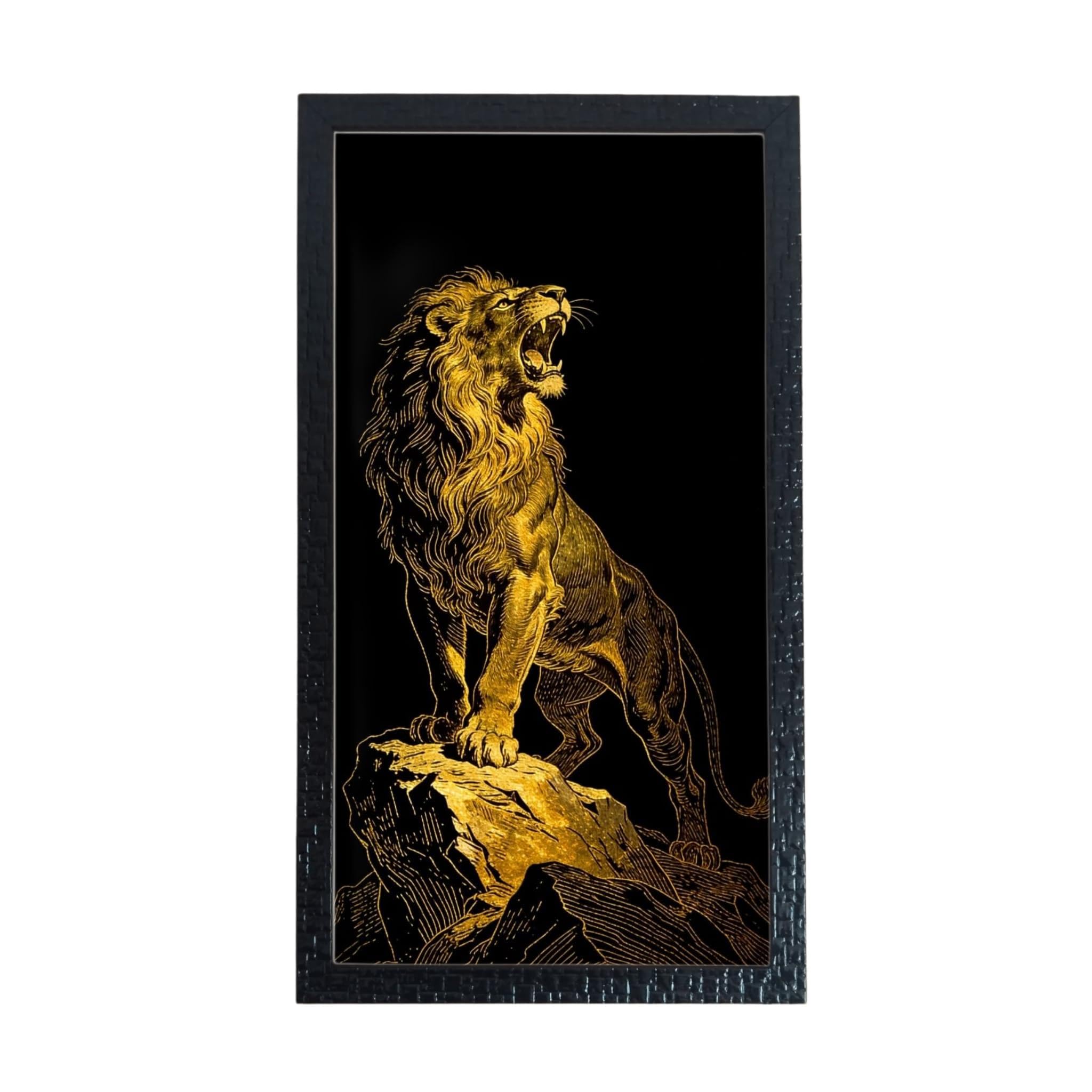 Roaring Lion Framed Wall Art, Black and Gold, 15x6 Inch | Black Background, Gold Artwork, Wall Decor, Framed Painting, Wildlife Art-image-27