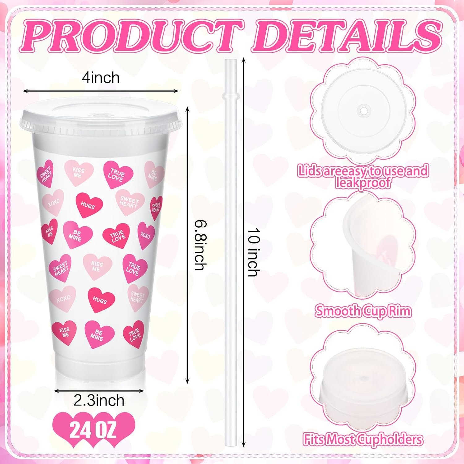 SiliFine 12 Pcs 24 oz Valentine's Day Conversation Heart Plastic Cups with Lid and Straw Clear Candy Plastic Cup Bulk Valentines Day Cups Tumbler for Conversation Heart Party Decoration (Red,Pink)
