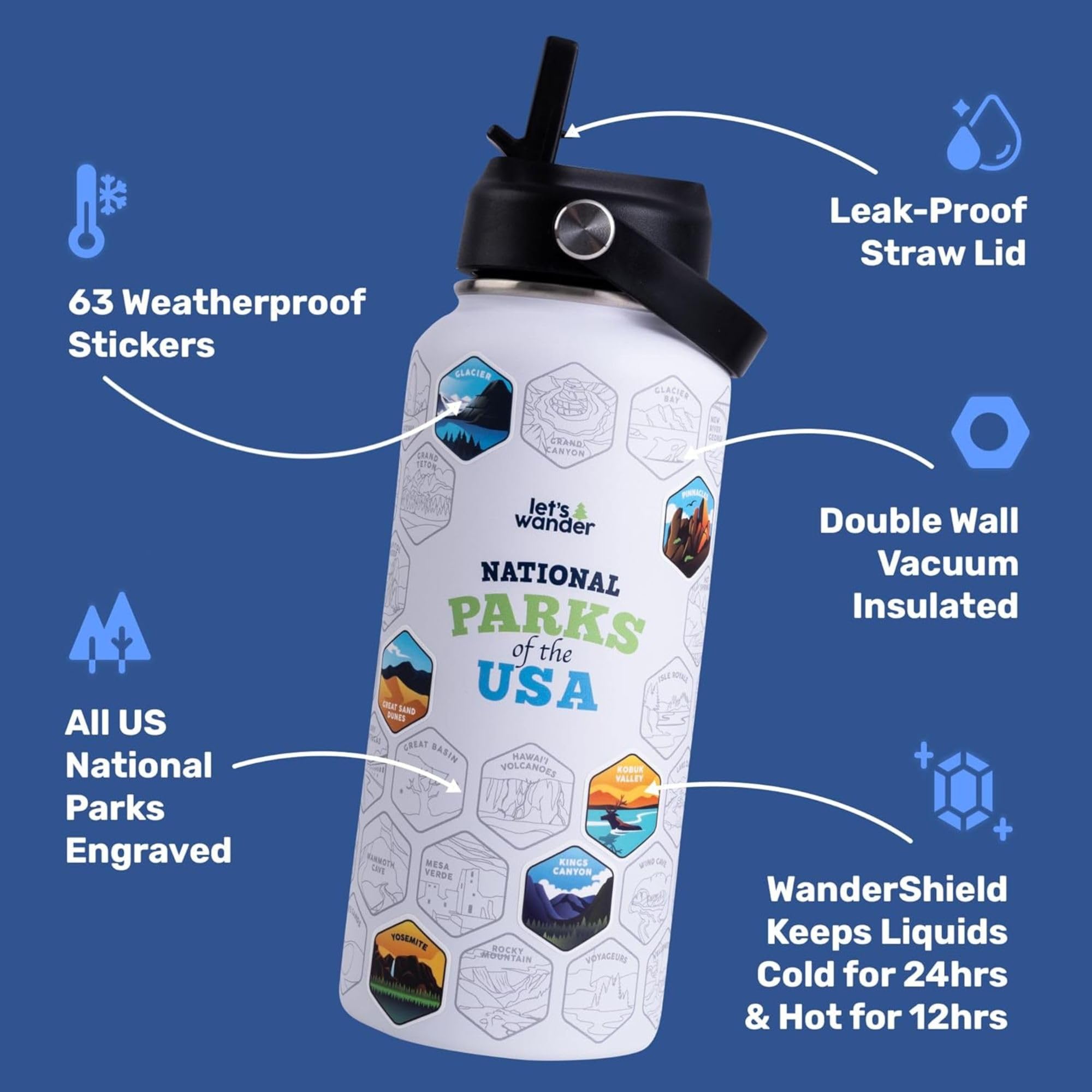 LET'S WANDER - Botella De Agua Con 63 Pegatinas Impermeables – 32 Onzas De Acero Inoxidable Aislado A