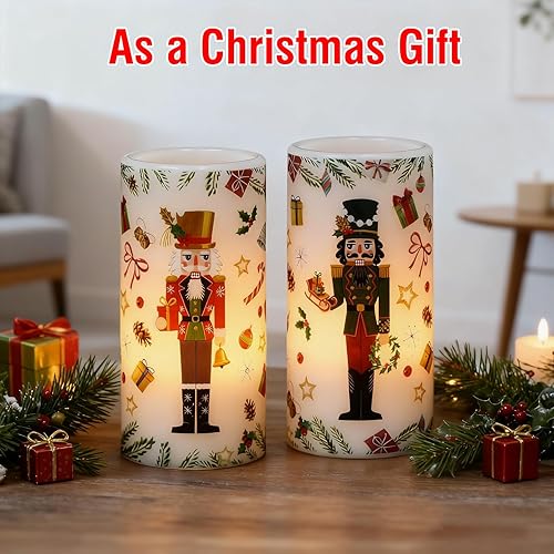 Miniatura 7 de Velas de pilar sin llama de cascanueces de Navidad con temporizador remoto, velas LED en soporte de cera real, vela a pilas para decoración de