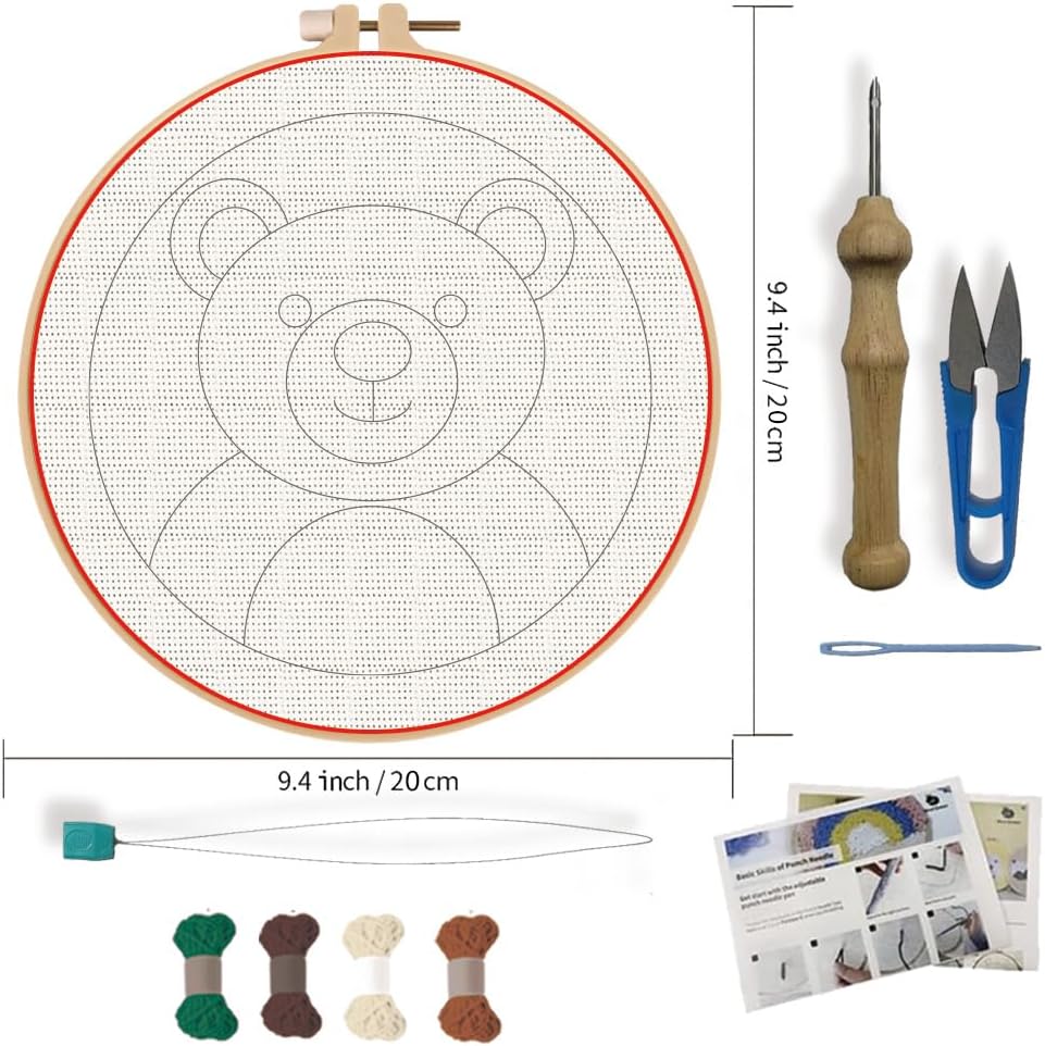 FREEBLOSS DIY Punch Needle Kits for Beginners Cartoon Bear Punch Needle Starter Craft Set with Hoop and Instruction Embroidery Set for Adults Festival Gift and Decoration 7.9''/20cm