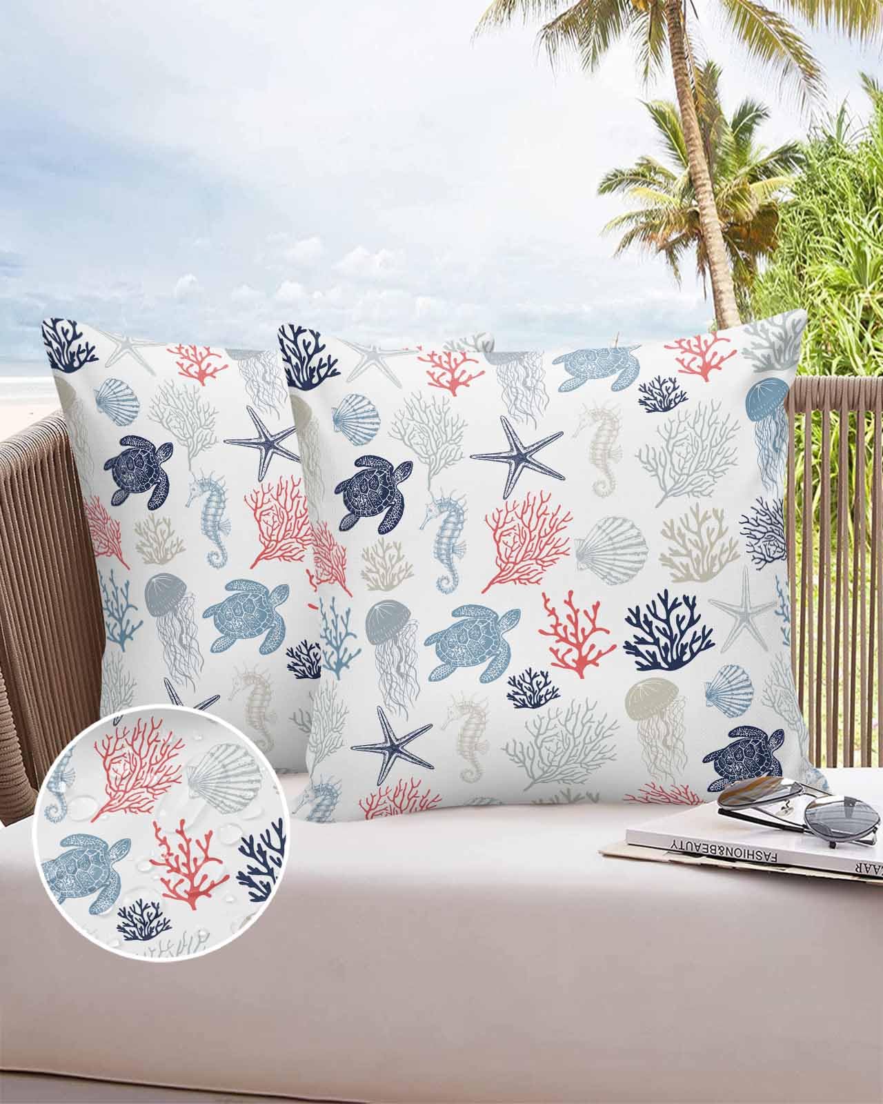 Boanket Outdoor Pillow Covers 16 x 16 in, Blue Red Coastal Waterproof Throw Pillow Cover Set of 2, Sea Turtle Nautical Coral Summer Beach Home Decorative Square Cushion Covers for Patio/Couch/Garden