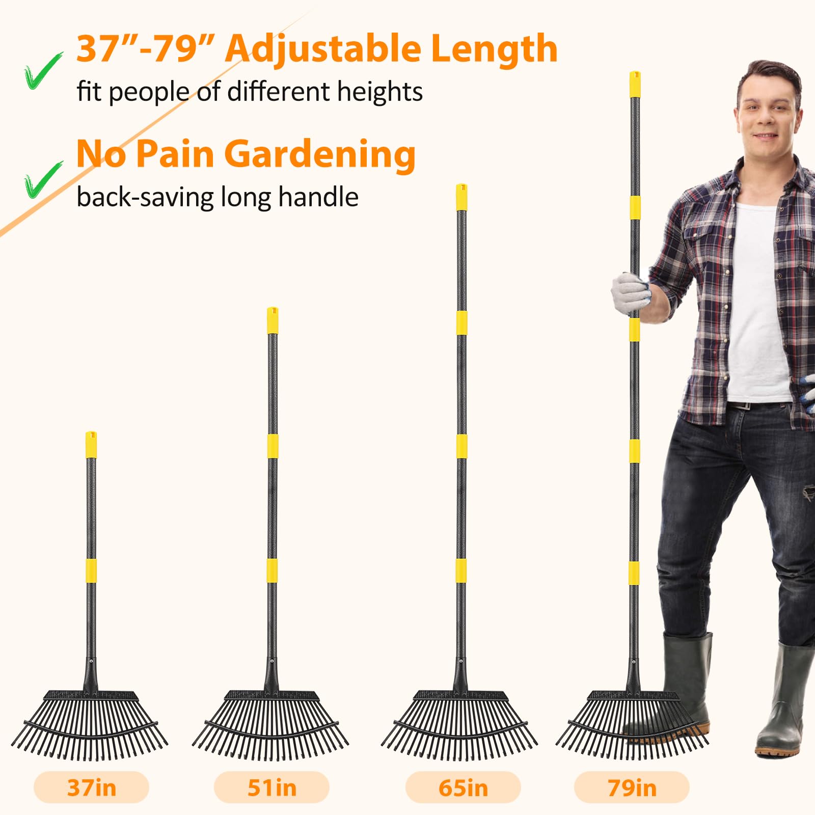 Rechen, Gartenrechen für Blätter, robuster Metall-Laubbesen mit 94 - 200,7 cm verstellbarem langem Stahlgriff, 25 Zinken, 45,7 cm breit, Hofrechen für Rasen, Blumenbeet, Gras, Mulch, Strauch, Camping