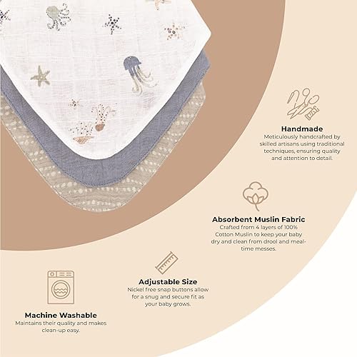 Miniatura 2 de Crane Baby Juego de baberos 100% algodón, juego de 3 baberos de muselina de algodón Sea Life, baberos bandana baberos para comer, artículos