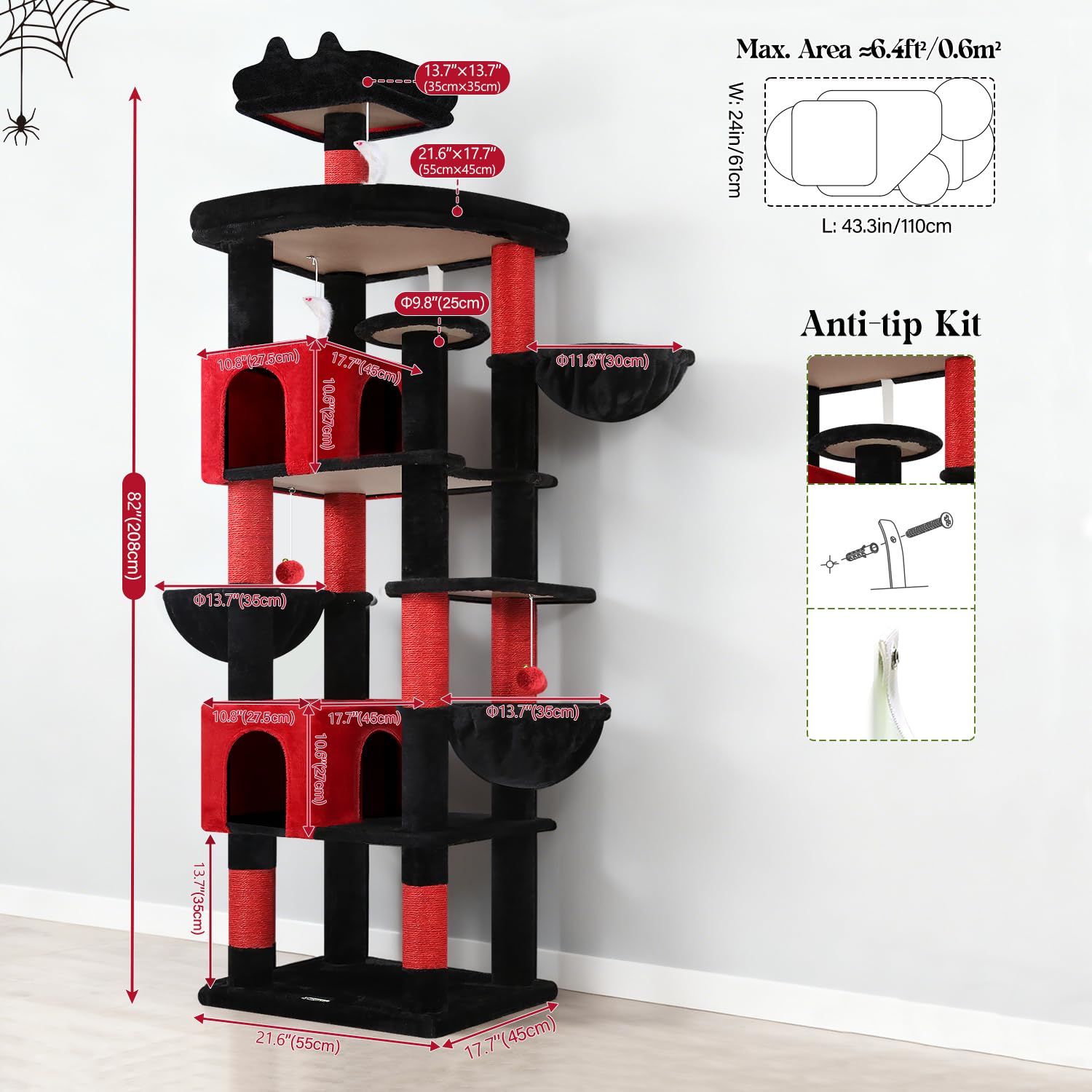 Globlazer Tiragraffi per Gatti Gotico Nero Rosso XXL Alto 209 cm con 2 Grotte, Grande Piattaforma, 3 Cesto, Trespoli Imbottiti, Torre del Gatto Stabile per Multipli Grandi Gatto Adulti (S82, Gotico)