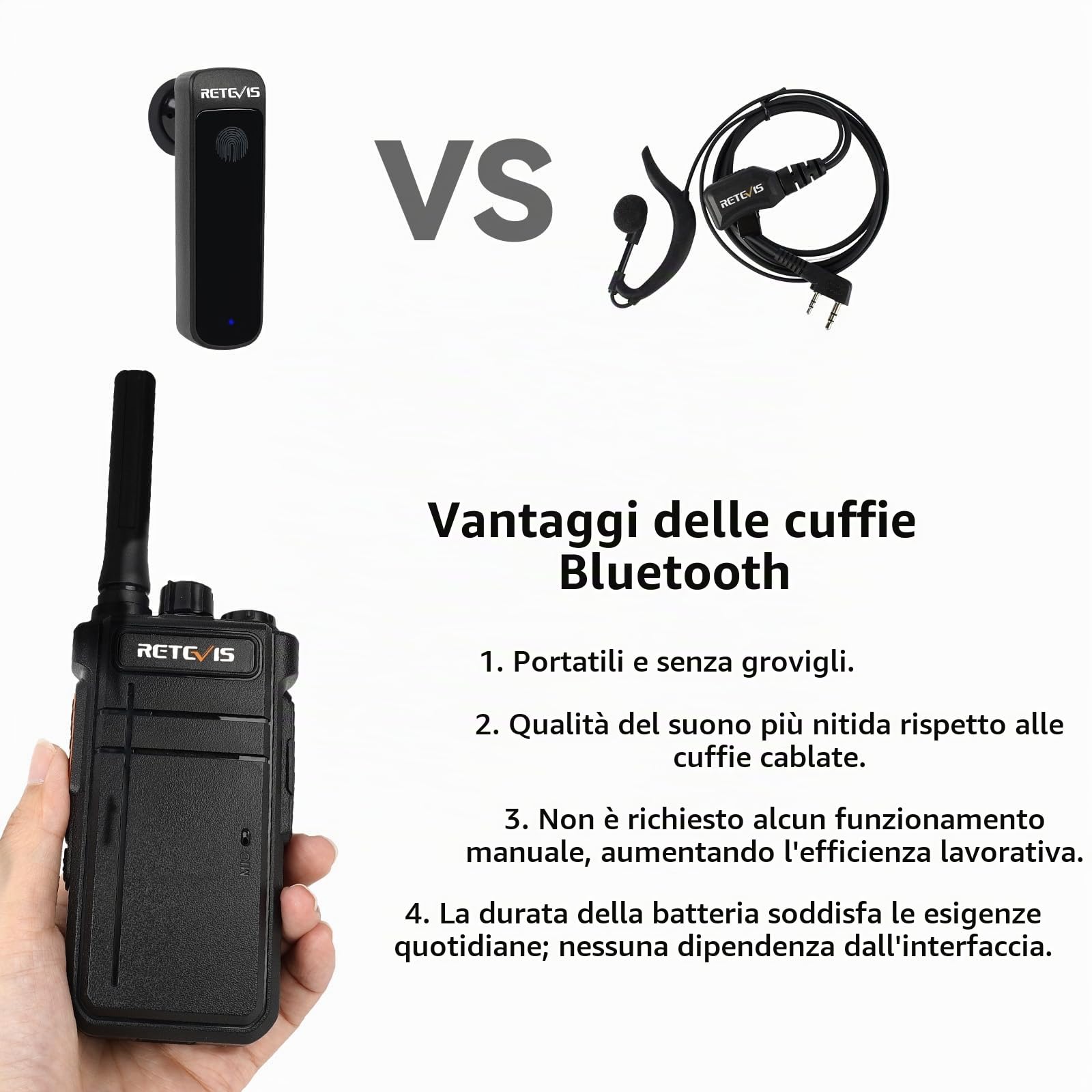 Retevis RB637 Bluetooth Radio Bidirezionale, Walkie Talkie con Auricolare Bluetooth, 2000mAh USB Ricaricabile, Torcia, PMR446 Walkie Talkie a Mani Libere con Wireless Copy Per i Ristoranti (nero, 1Pz)
