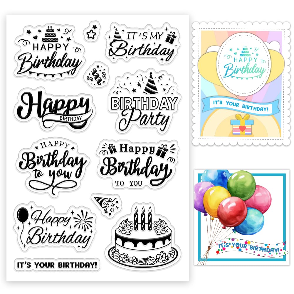 INFUNLY Birthday Clear Word Stamps with Cake for Card Making - 6.3"×4.3" Silicone Stamp Words Transparent Stamp for DIY Scrapbooking and Gift