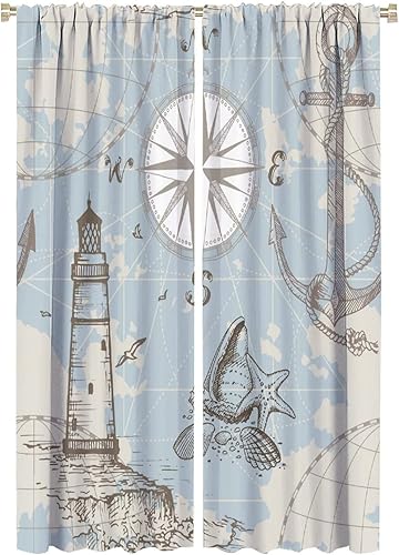 Cortinas opacas de faro, concha náutica marina, brújula, ancla de mar, impresión artística azul para dormitorio, baño, sala de estar, decoración con