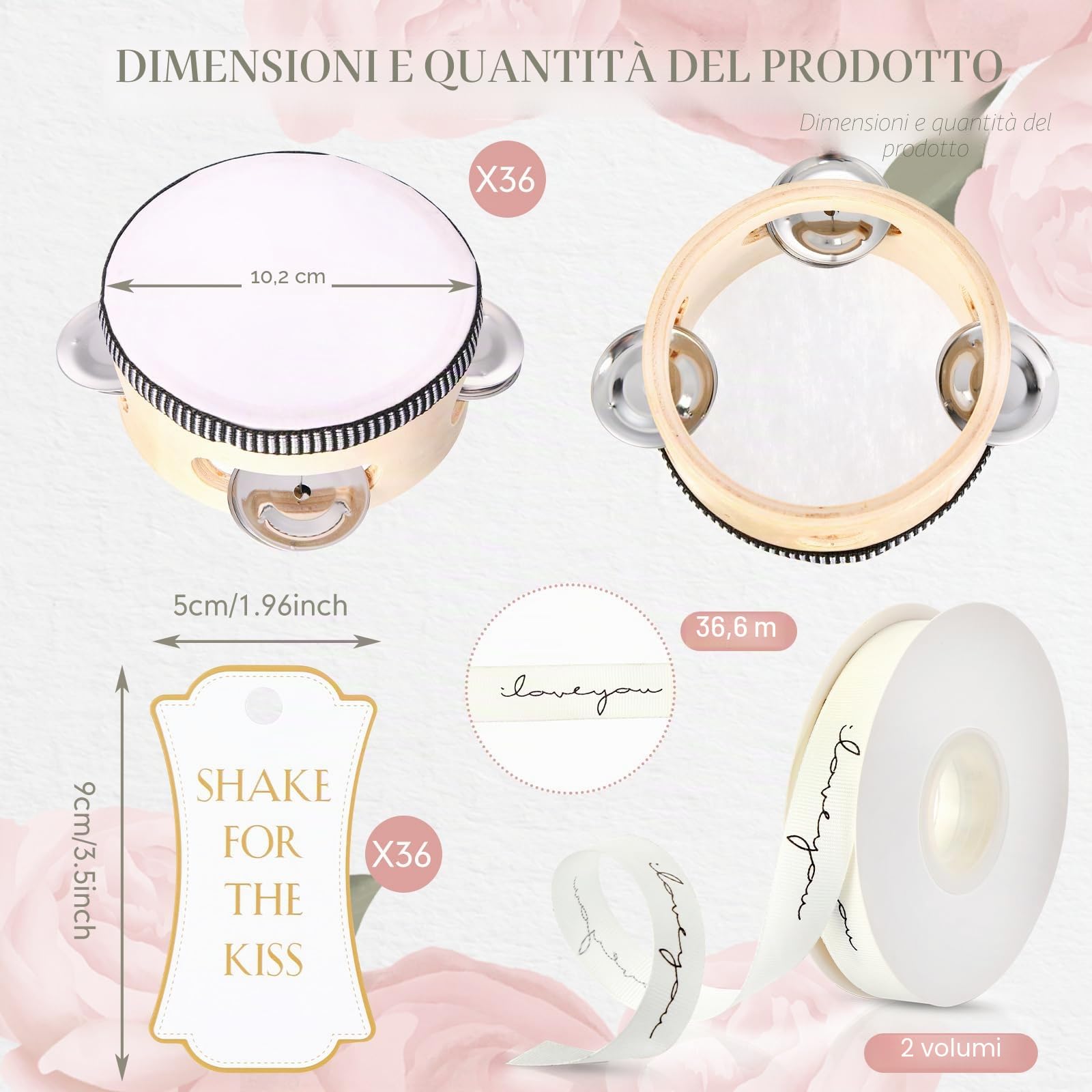 Set di 36 tamburelli da matrimonio da 10,2 cm, per adulti, in legno, con sonagli in metallo, etichette regalo, strumento musicale per chiesa, matrimoni, bomboniere