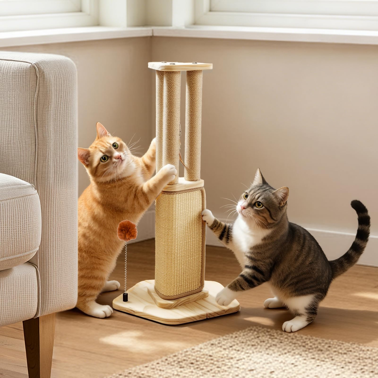 Pawtasy Rascador 67 cm Sisal con Pelota y Plumas para Gatos Interior | Rascador de sisal natural, estable y moderno, con pelota de peluche y plumas, pequeño árbol para gatos de interior