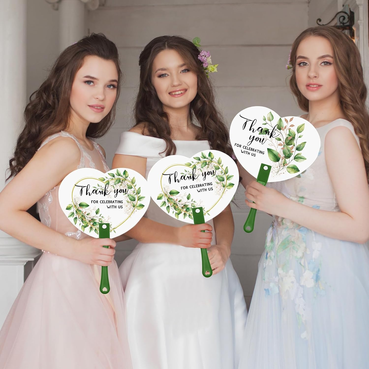50 Pcs Wedding Hand Plastic Fans Greenery Bridal Shower Favors Bulk for Guests Wedding Handheld Fans with Handle Thank You for Celebrating with Us Favors for Ceremony Bridal Shower Decoration Green Floral Round