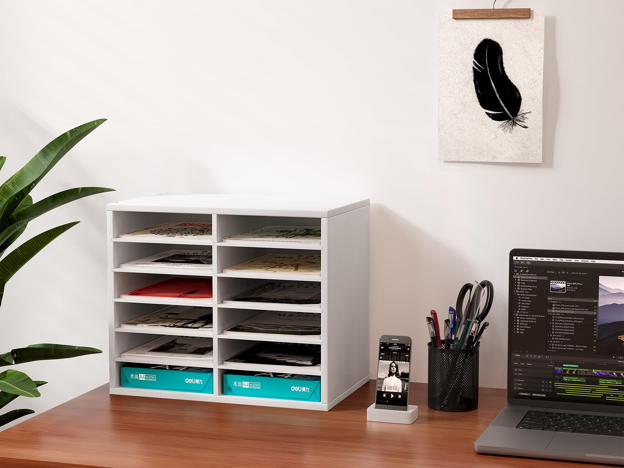 EasyPAG 12 Fächer Holz A4 Büro Schreibtisch Organizer Dokumentenhalter Aktenablage Zeitschriftenhalter Briefablage Papier Magazin Organisator,Weiß