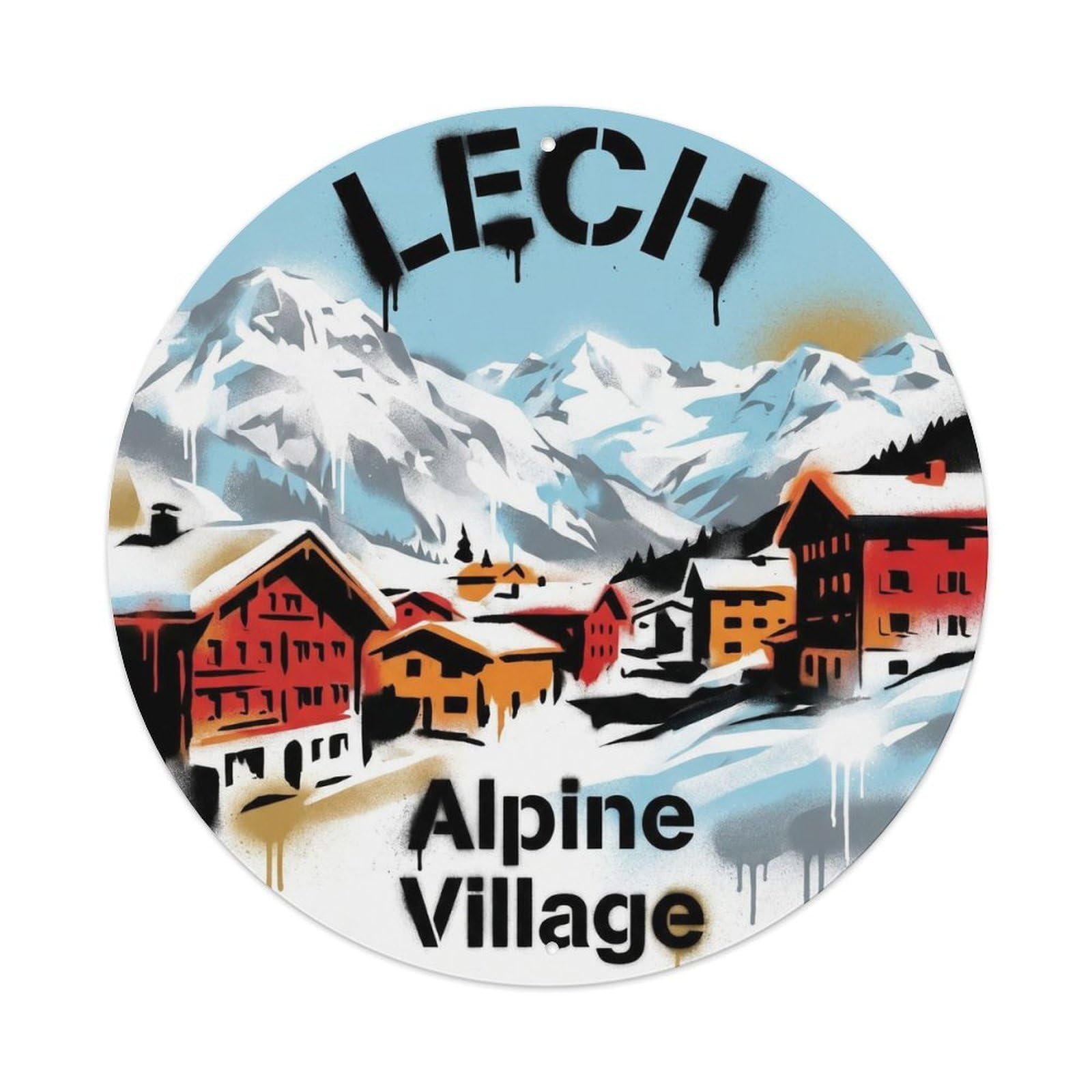Lech Austria Alpine Village Vintage Travel Ski Heritage Metal Tin Sign Plaque Wall Decor for Cafe, Man Cave, Club Bar, Office, Home Garden Round Metal Poster 8x8Inch