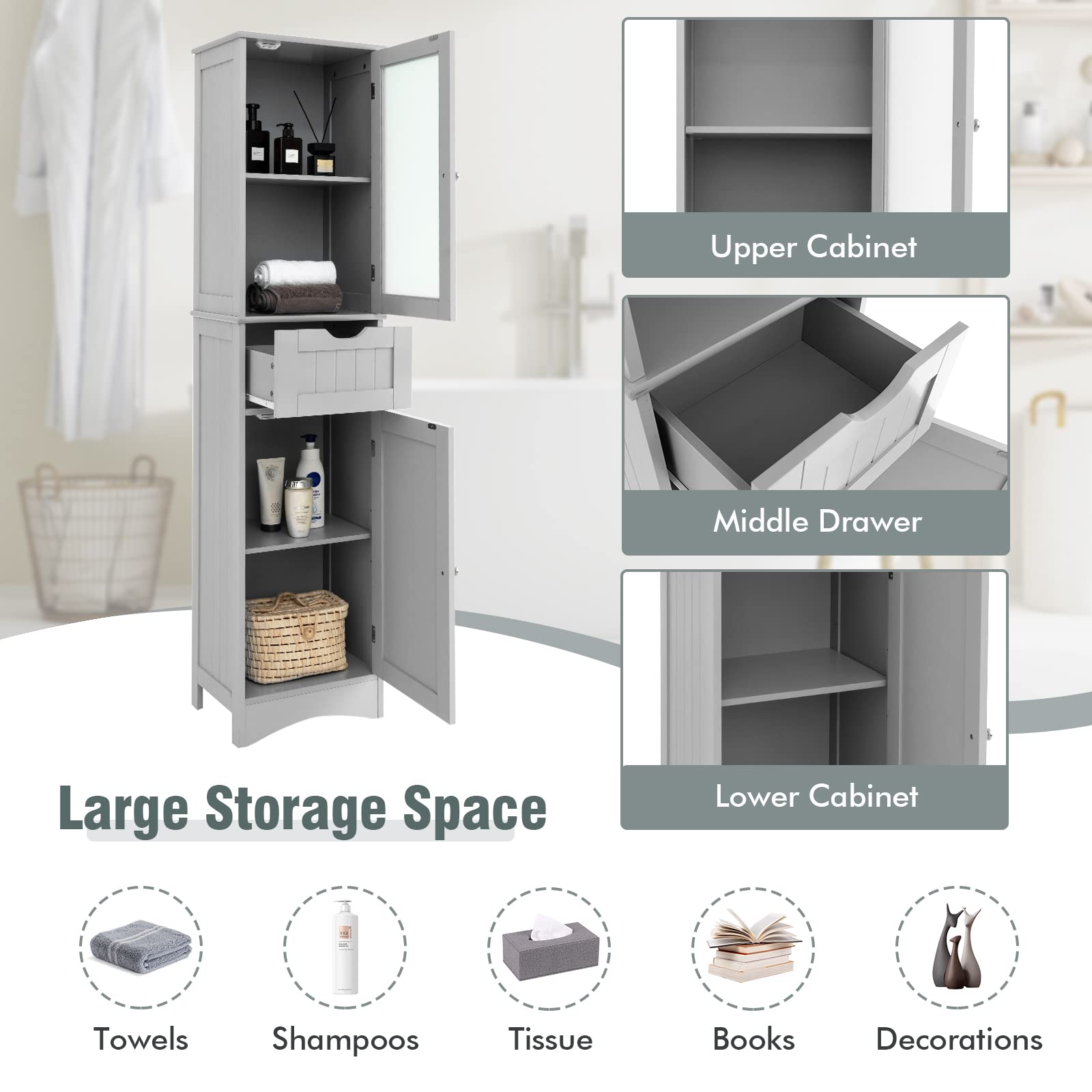 Giantex - Mueble de columna de baño, 170 cm, armario con 2 estantes ajustables, 2 puertas y 1 cajón, vidrio templado esmerilado, mueble de almacenamiento para inodoro, sala de estar, dormitorio (gris)