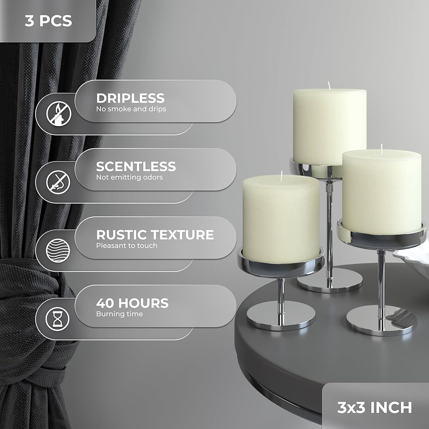 CANDWAX 3x3 Pillar Candles Set of 3 - Rustic Unscented No Drip Ivory Candles for Home Decor, Weddings, Centerpieces - Image 2