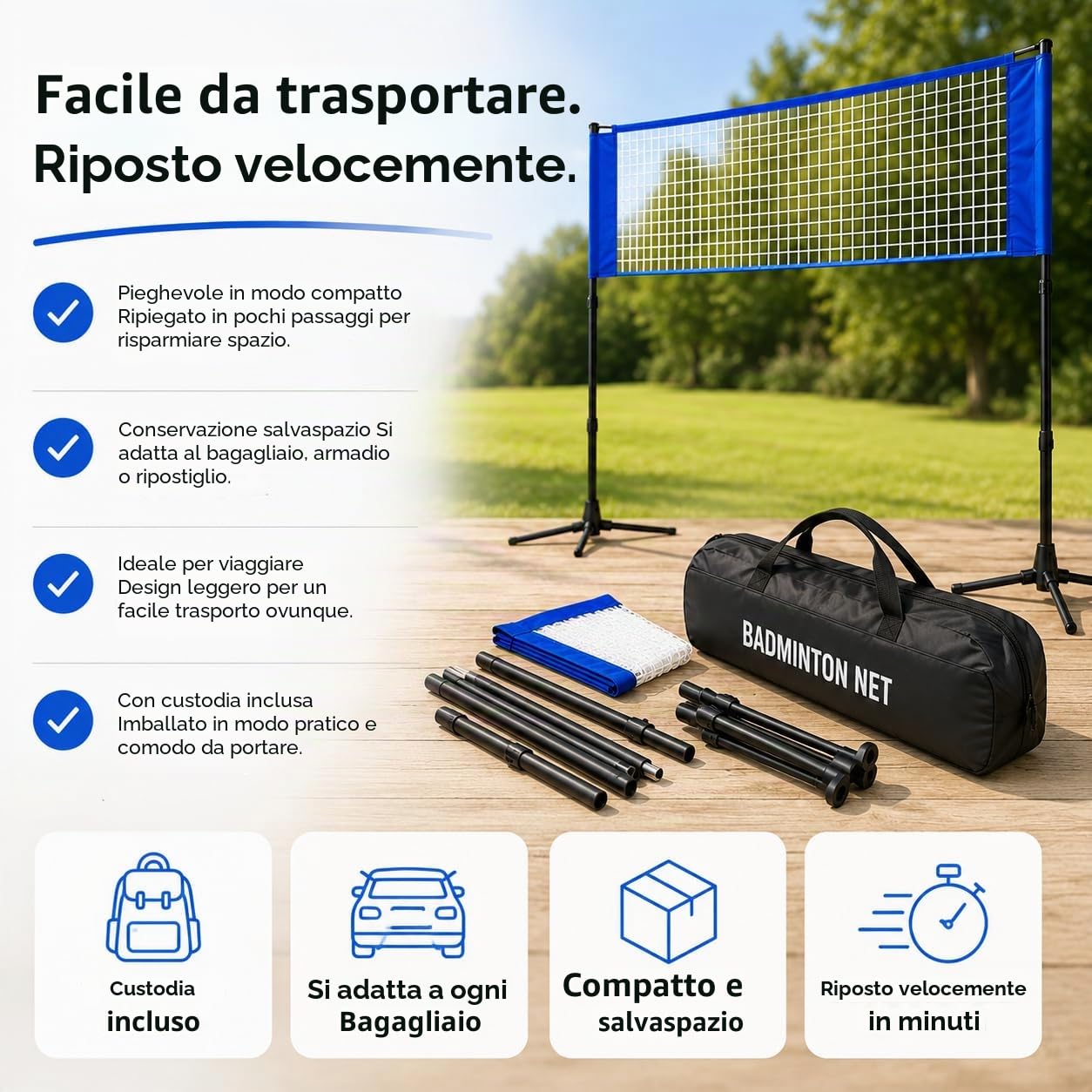 Rete da badminton pieghevole da 3,1 m, con borsa per il trasporto e supporto regolabile in altezza, in nylon, 107/105/150 cm, per volano, tennis, pallavolo, beach volley, facile da montare e smontare