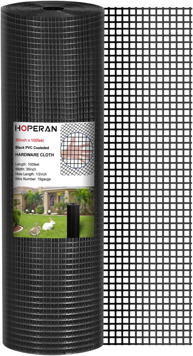 HOPERAN Black Hardware Cloth 1/2 inch 36 x 100 Ft Mesh 18 Ga PVC Coated