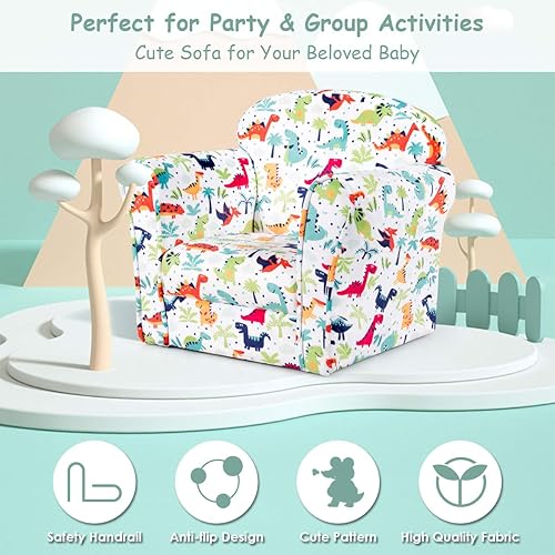 Miniatura 4 de GLACER Sofá para niños, sillón para niños y niñas, sofá ligero para bebés, sillón para niños con patrón de dinosaurio, construcción de madera
