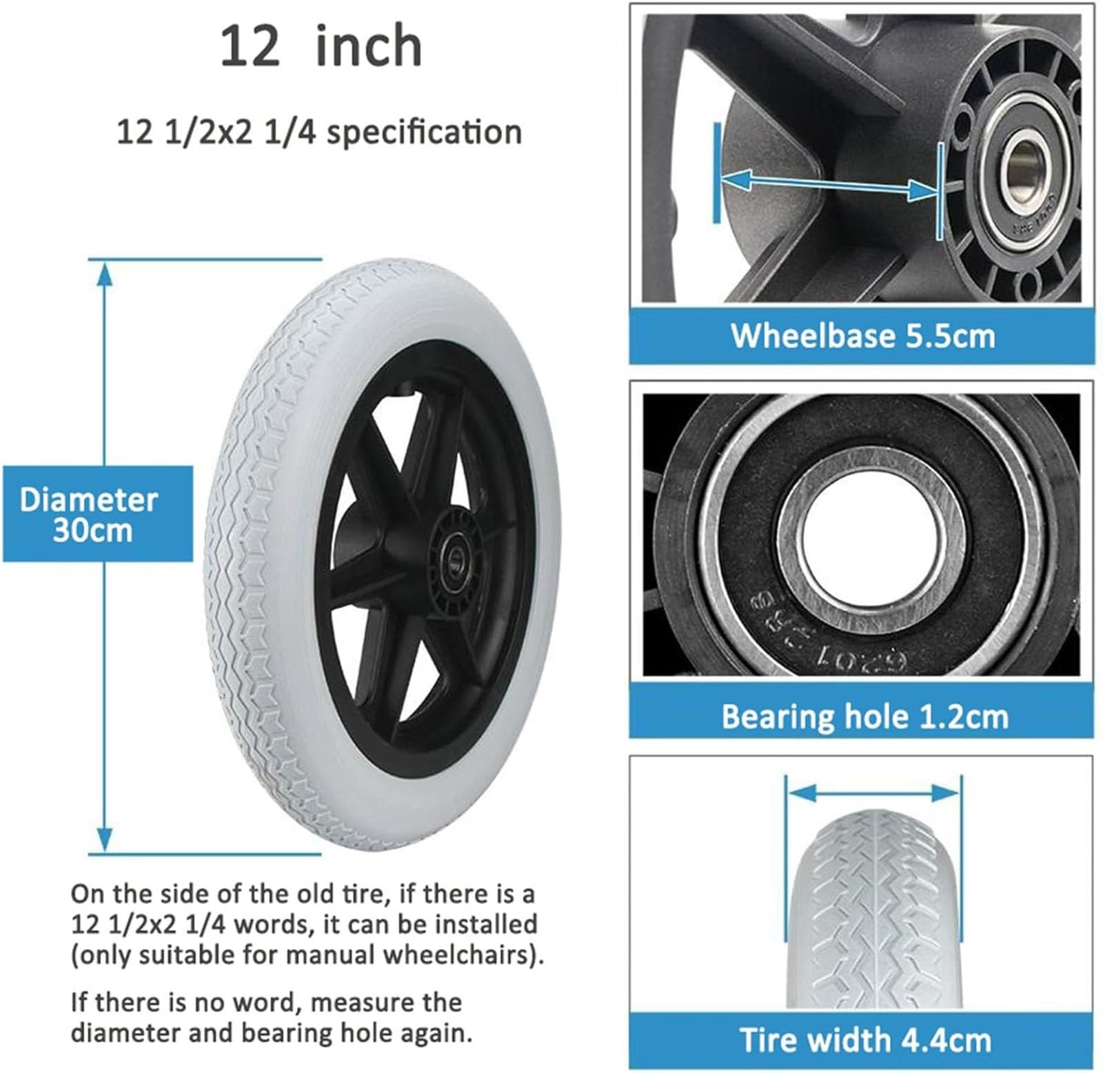 Ruedas Giratorias para Silla de Ruedas,1par de ruedas traseras para silla de ruedas de 12 pulgadas,construcción de neumático macizo gris,accesorios de ruedas de repuesto universales para silla de rued