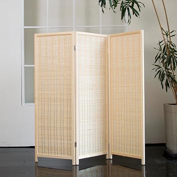 3 Panel Short Room Divider 3.9 ft Tall Double-Side Folding Privacy Screen, Natural Beige Bamboo Partition Wall for Home Office, Living Room & Corner Spaces