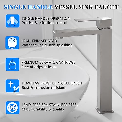 Miniatura 4 de Tohlar Grifo de lavabo de recipiente, grifo alto de baño, grifo de fregadero de níquel cepillado, moderno mango único de 1 orificio, montaje en