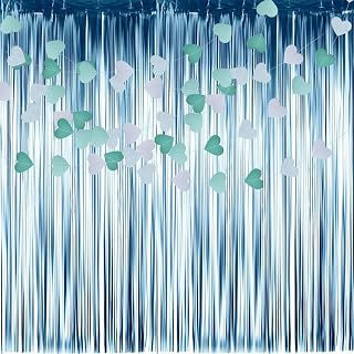 Light Green White Silver Heart Garland Party-Decorations with Light Blue Foil Curtain for Wedding Engagement Hanging,Bachelorette Neutral Baby Bridal Shower Decor