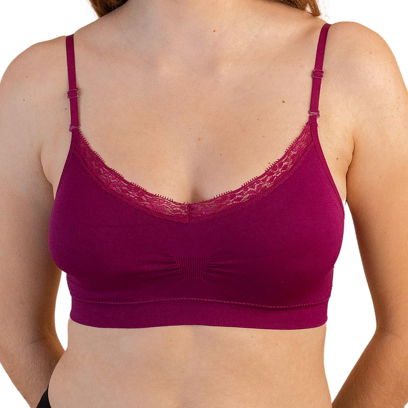 Coobie Womens V-Neck Lace Trim Bra Pullover Wirefree T-Shirt Bra Purple One Size