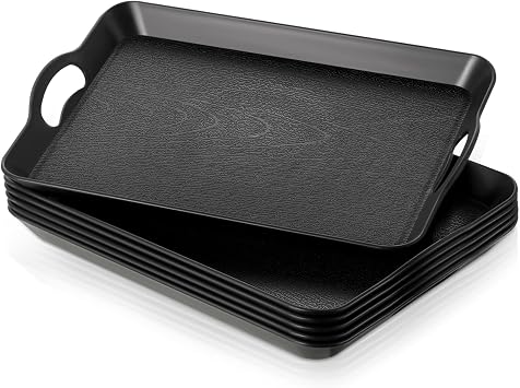Kathfly 6 Pack Black Serving Trays with Handles 16" x 11" Multi Purpose Plastic Ottoman Tray Rectangular Anti Skid Food Tray for Restaurant,Coffee Table,Kitchen,Party