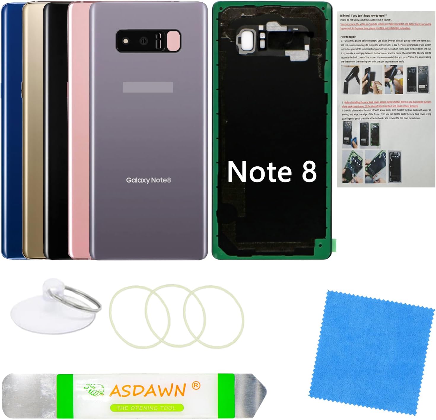 Galaxy Note 8 Back Glass Cover Replacement Housing Door with Pre-Installed Camera Lens +Installation Manual +Repair Tools for Samsung Galaxy Note 8 SM-N950 All Carriers(Orchid Gray)