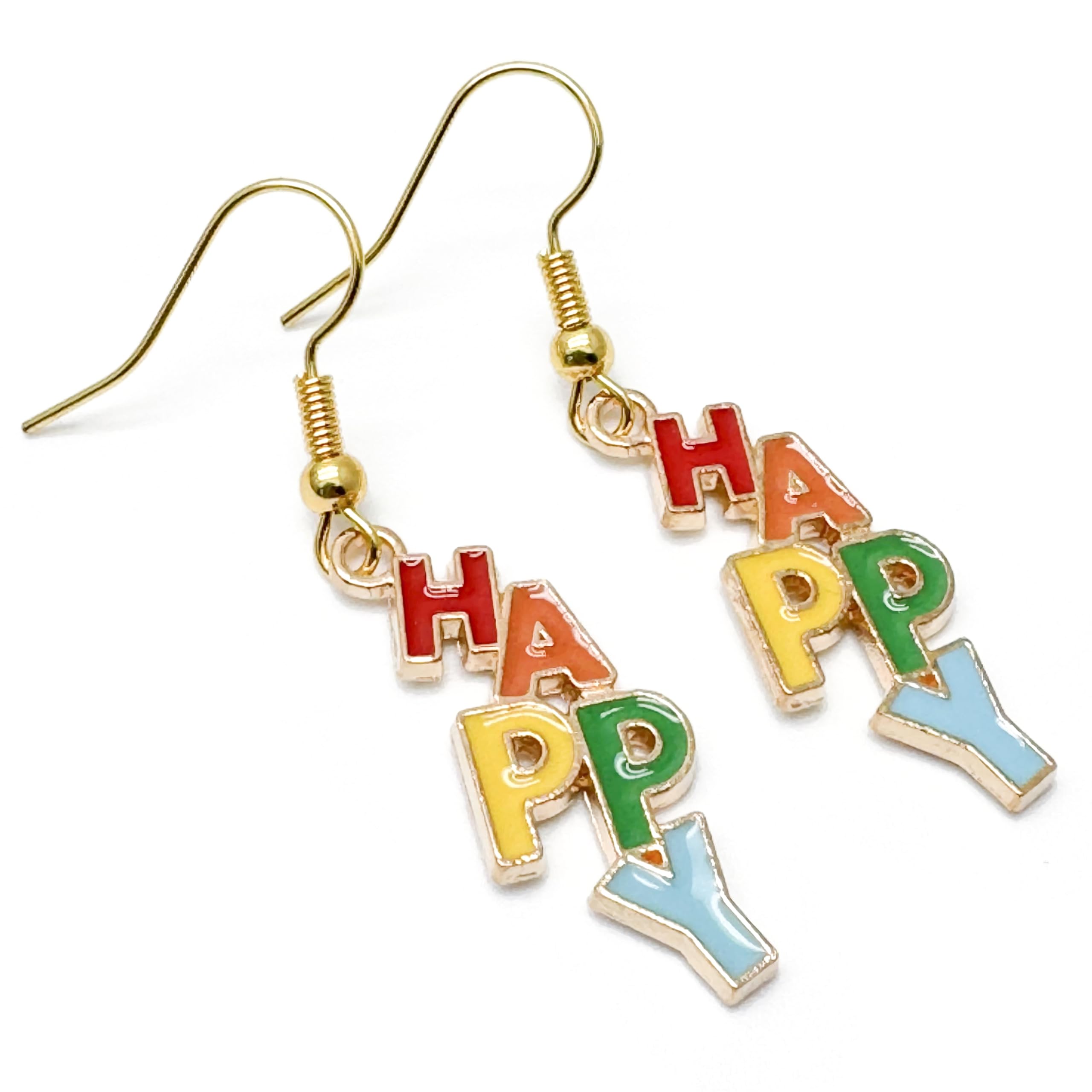 HAPPY Charm Earrings, Rainbow Enamel Charm Beads on Nickel Free Gold Tone Hooks : 45mm long