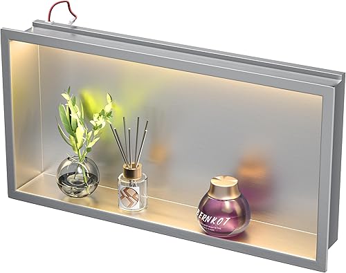 Miniatura 21 de Hornacina de acero inoxidable con iluminación LED, impermeable, no necesita azulejos, repisa empotrada para baño, instalación sobre montaje, 24 x 12