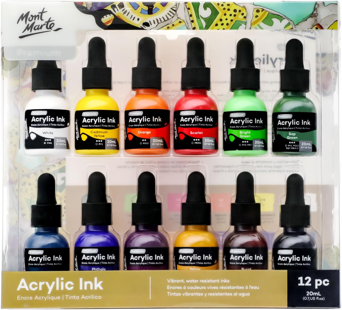 Mont Marte Acrylic Ink Premium 12pc x 20ml (0.7 US fl.oz), Acrylic Inks for A...