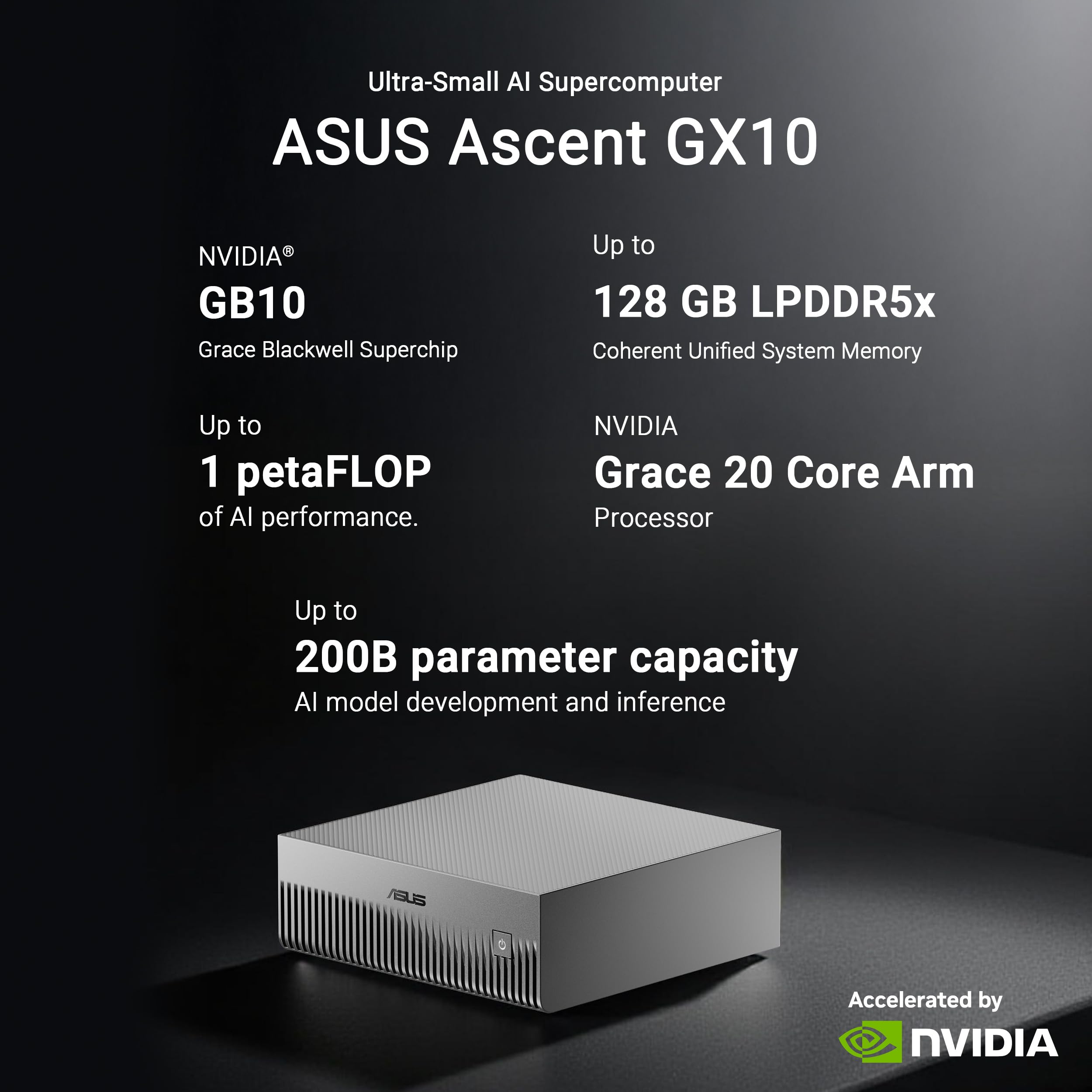 ASUS GX10, Computer AI Desktop, Superchip NVIDIA GB10 e NVIDIA DGX, 128GB LPDDR5x, 1TB di Memoria Installata, Agentic AI Sacalabile, Versione Tall, Grigio