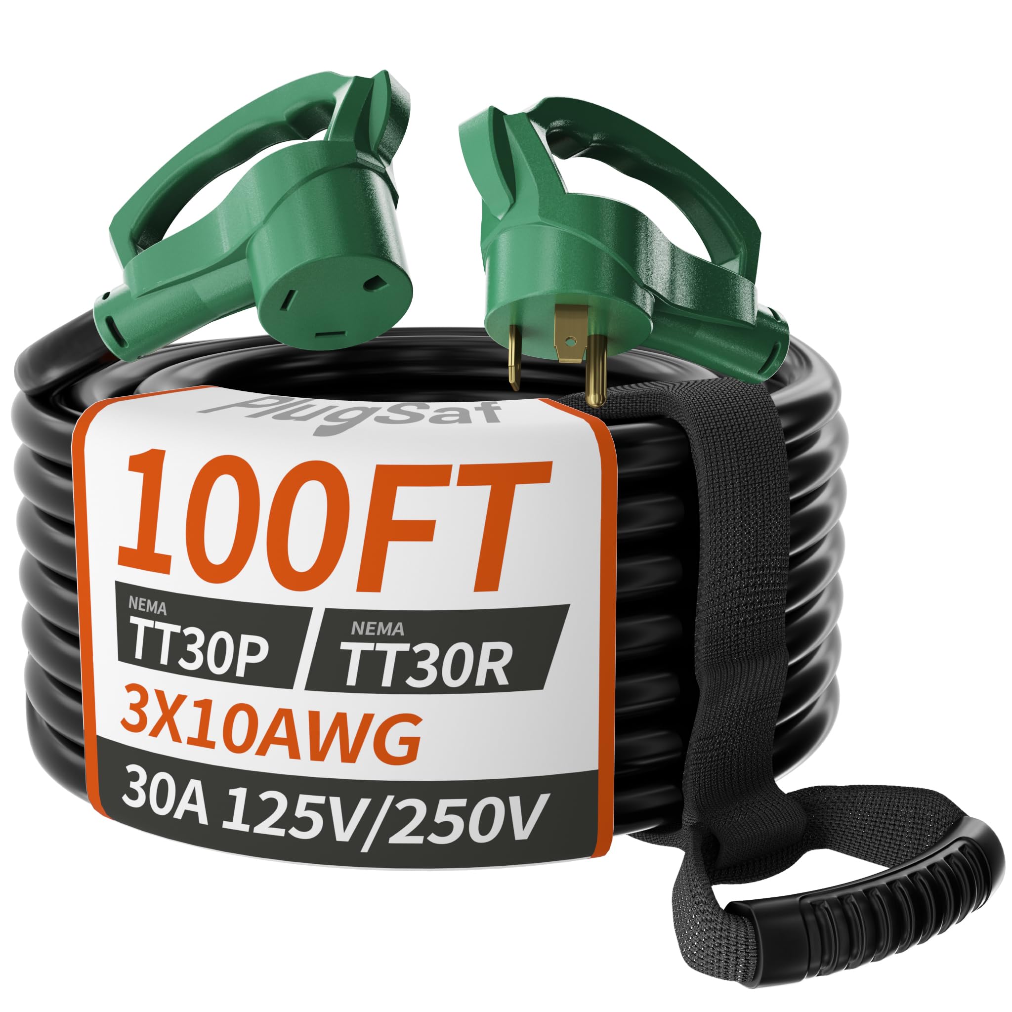 100 FT 30 Amp RV Extension Cord Outdoor with Grip Handle, Flexible Heavy Duty 10/3 Gauge STW RV Power Cord Waterproof with Cable Organizer, NEMA TT-30P to TT-30R, Black-Green, ETL Listed