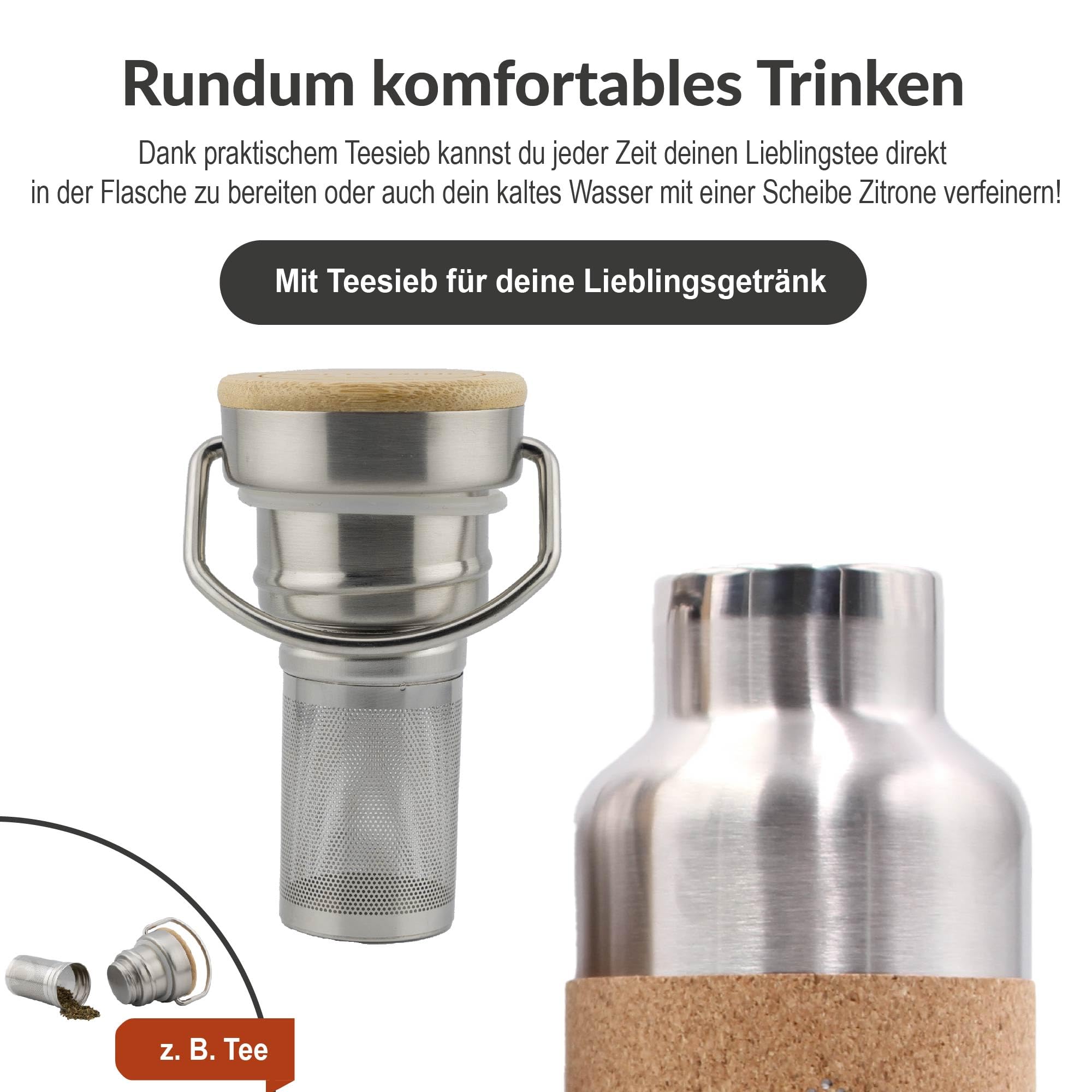 Borraccia termica in acciaio inox, 750 ml, a prova di perdite, senza sostanze nocive, insapore, senza BPA, sughero, yoga, ufficio, all'aperto (mandala + colino da tè)