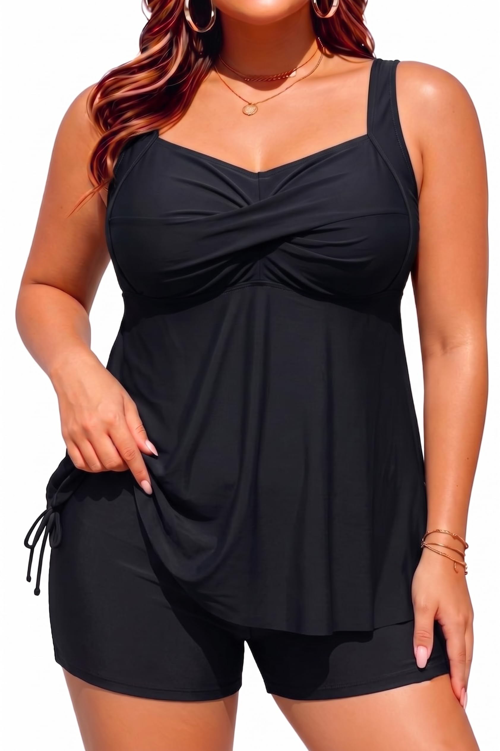 Women Plus Size Tankini Swimsuit Two Piece Flowy Swimdress with Shorts Black XXL-image-28