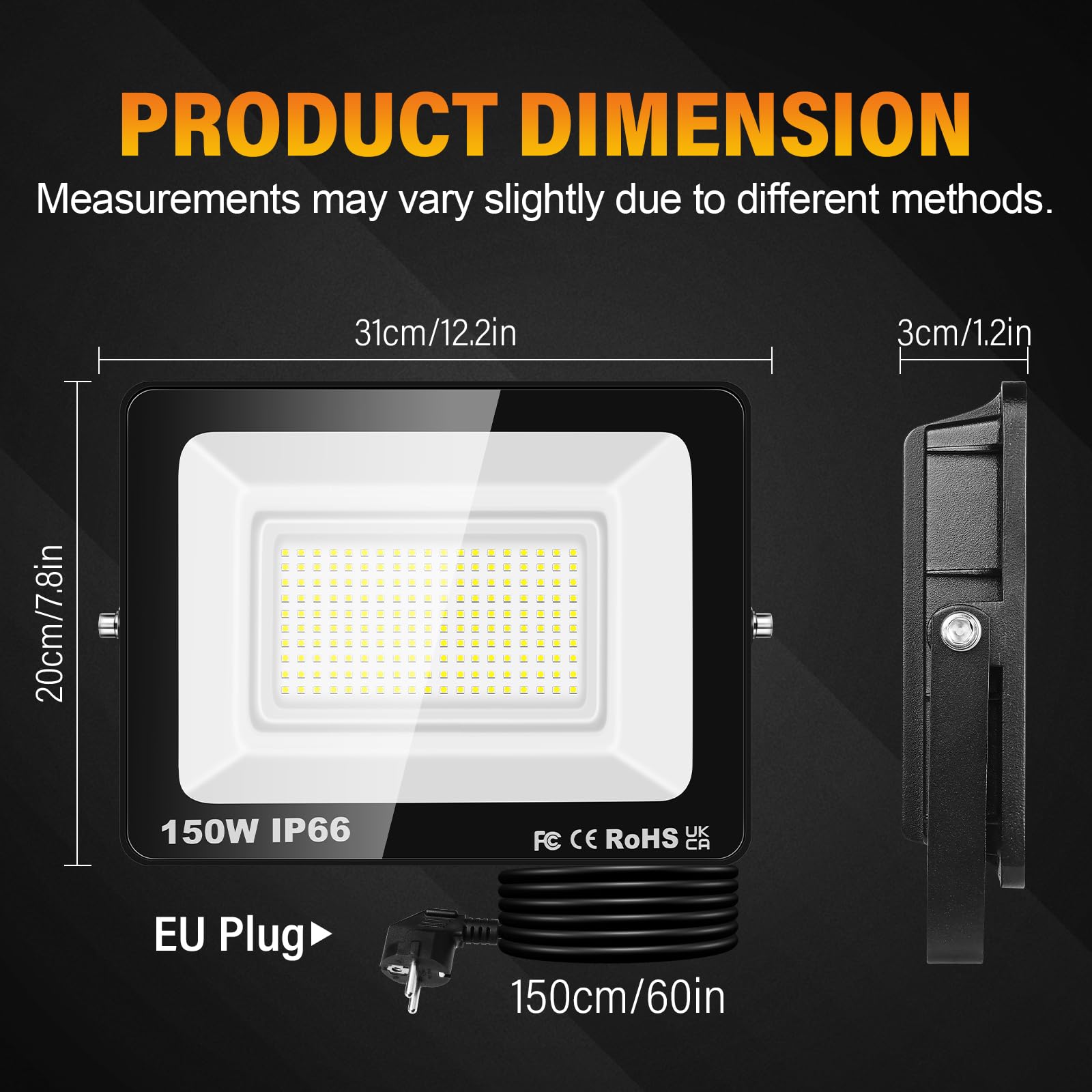 RIGIDON 2x LED Strahler Außen, 150W 15000LM 6000K Kaltweiß IP66 Wasserdicht | mit Stecker, Led Scheiwerfer Außenstrahler Fluter Flutlicht Spotlight Außenlampe für Garage Garten Sportplatz Terrasse Hof