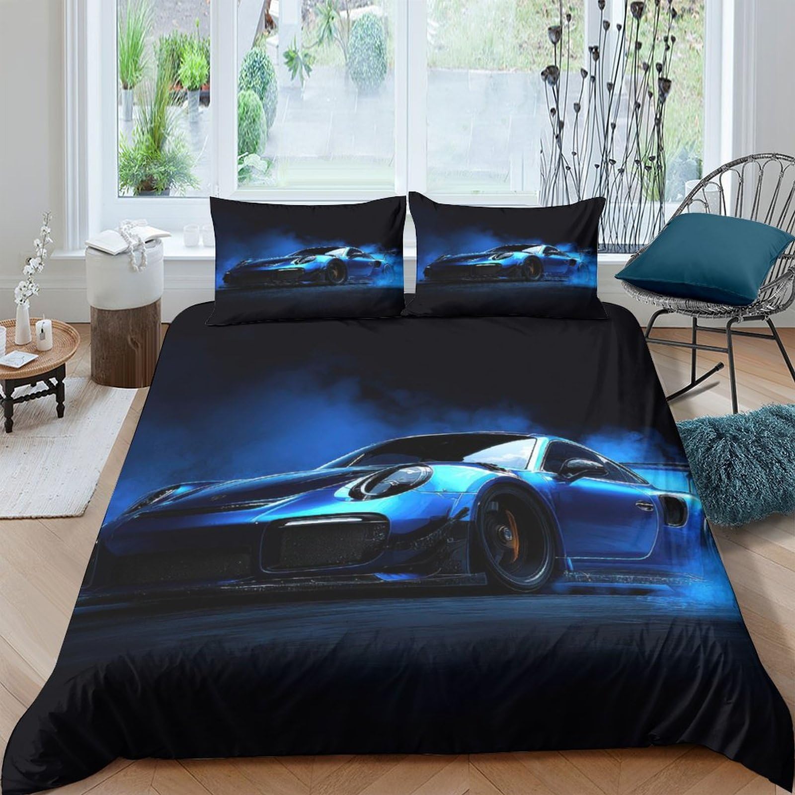 Ctjqhvkz Style-8 3D Printed Blue Supercar Fitted Sheet Microfiber Sleek Racing Bed Cover For Bedroom Guest Room Dorm Decor Single（135X200cm）