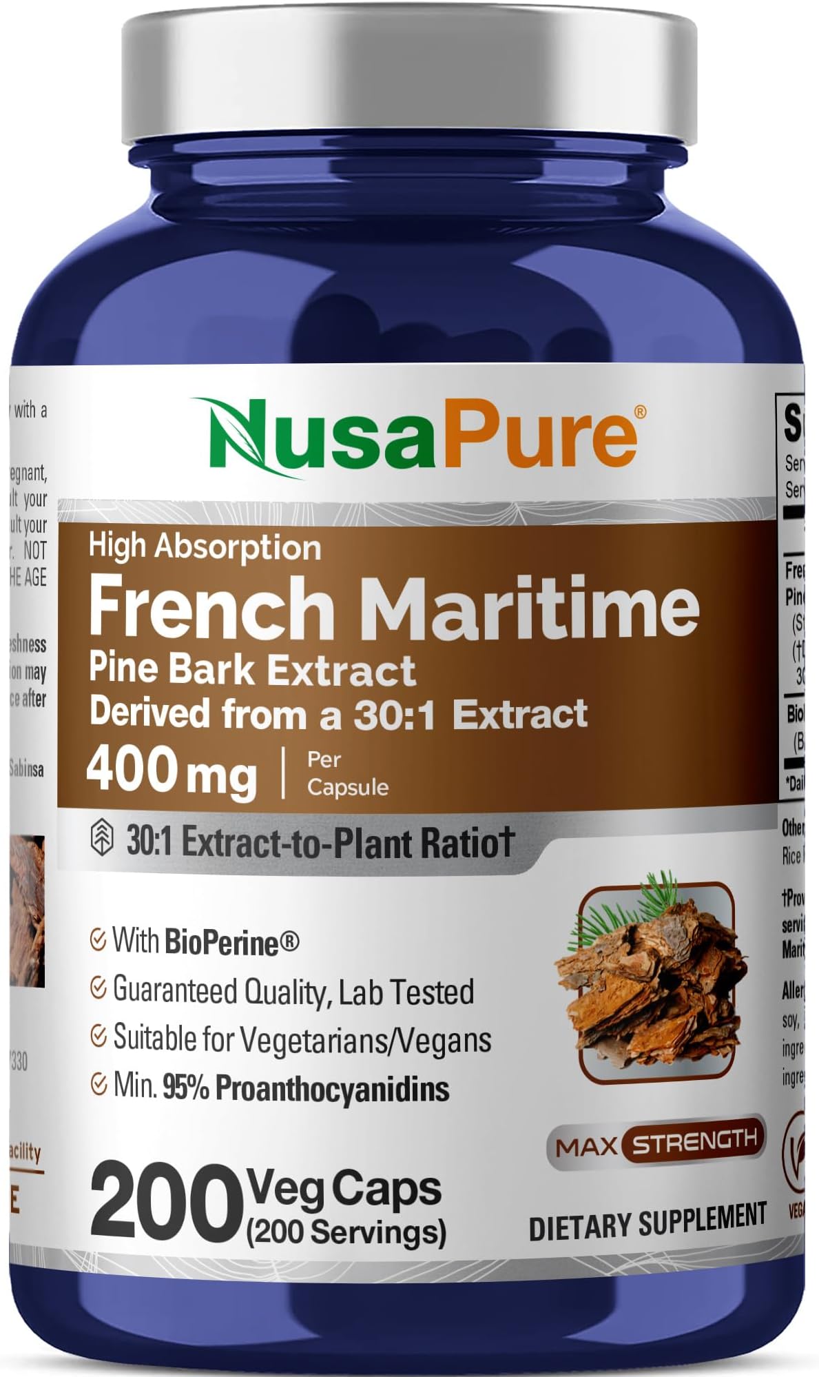 NusaPure French Maritime Pine Bark Capsules, 400 mg, 200 Veg Capsules (Non-GMO, Vegan)