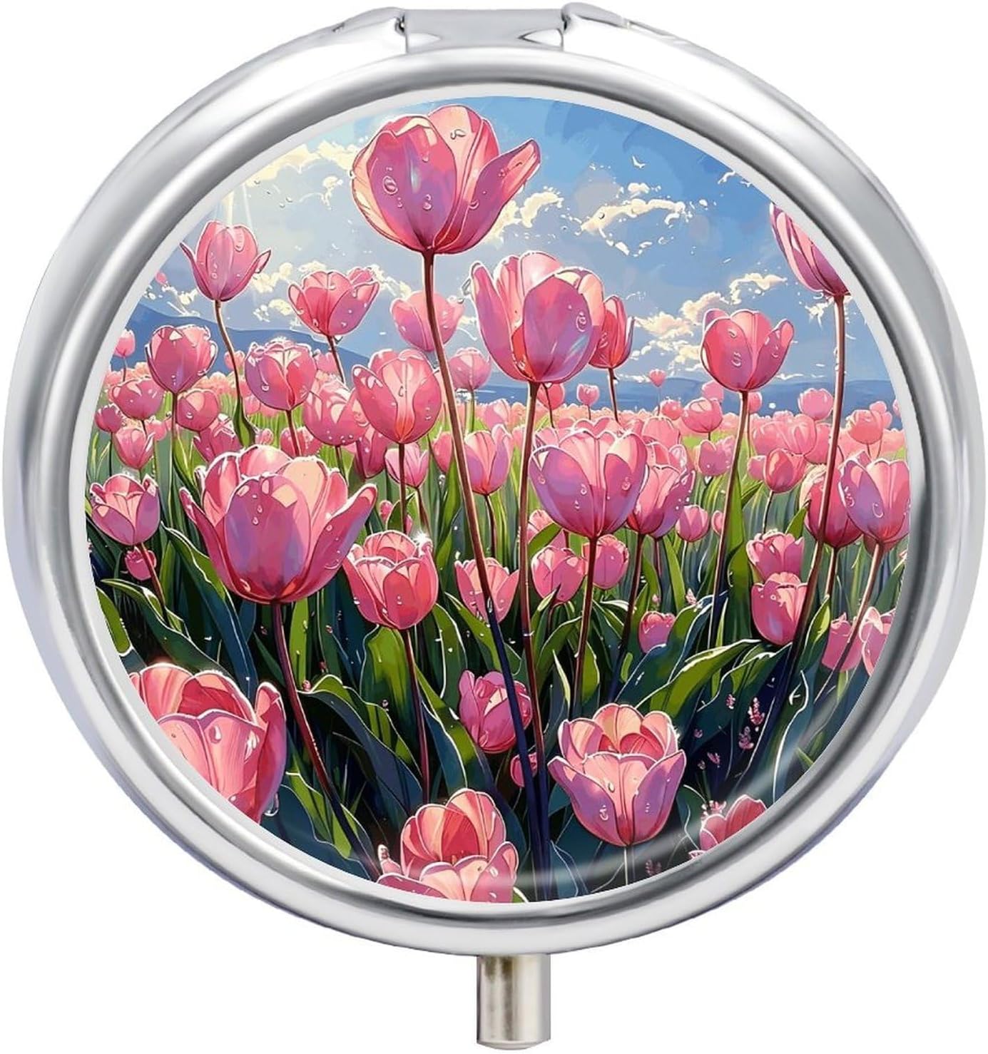 Tulip Fields Round Pill Box with 3 Compartments & Mirror