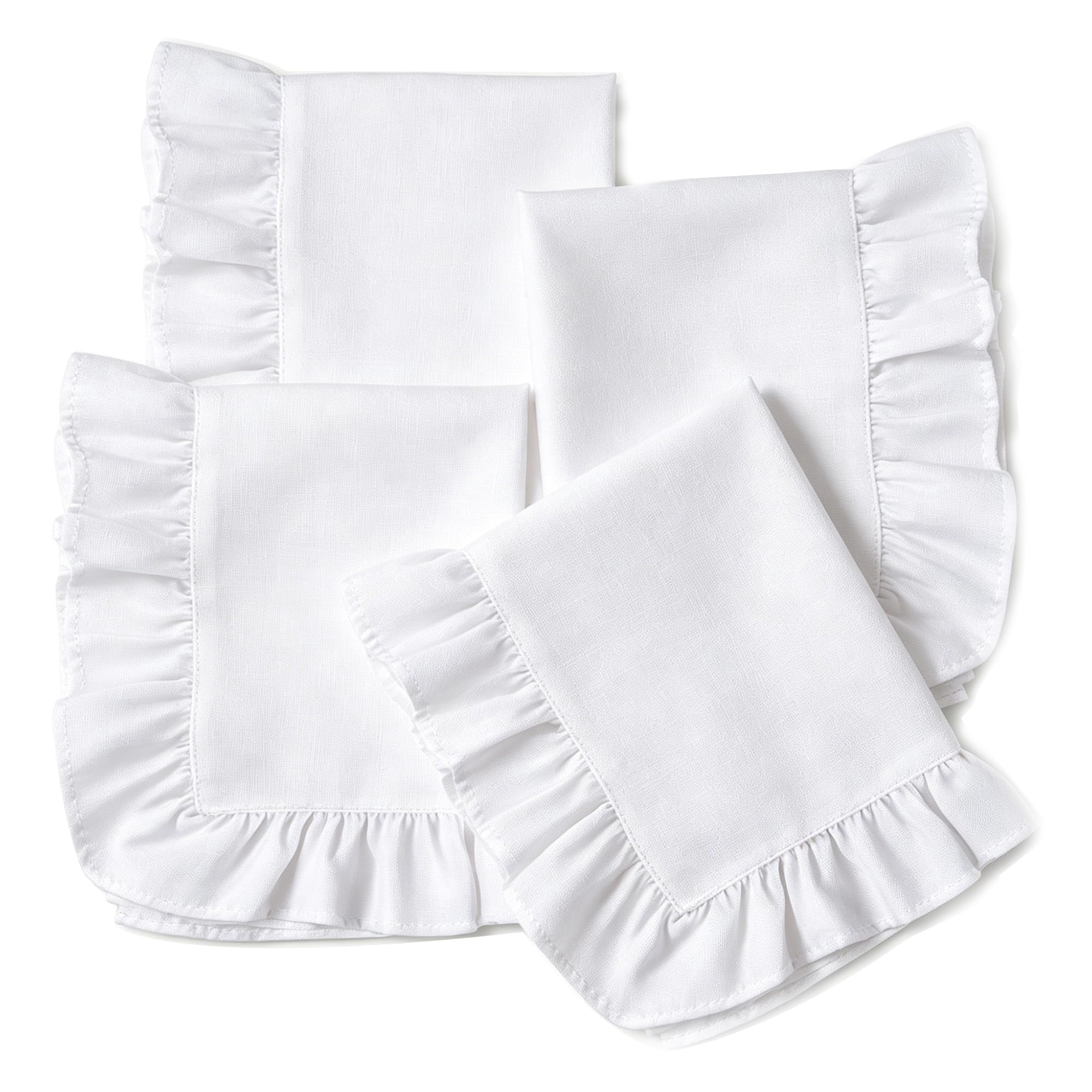 Juego de 4 servilletas de lino y algodón con volantes, 45,7 x 45,7 cm, para primavera, vacaciones, tela lavable y hecha a mano (blanco)