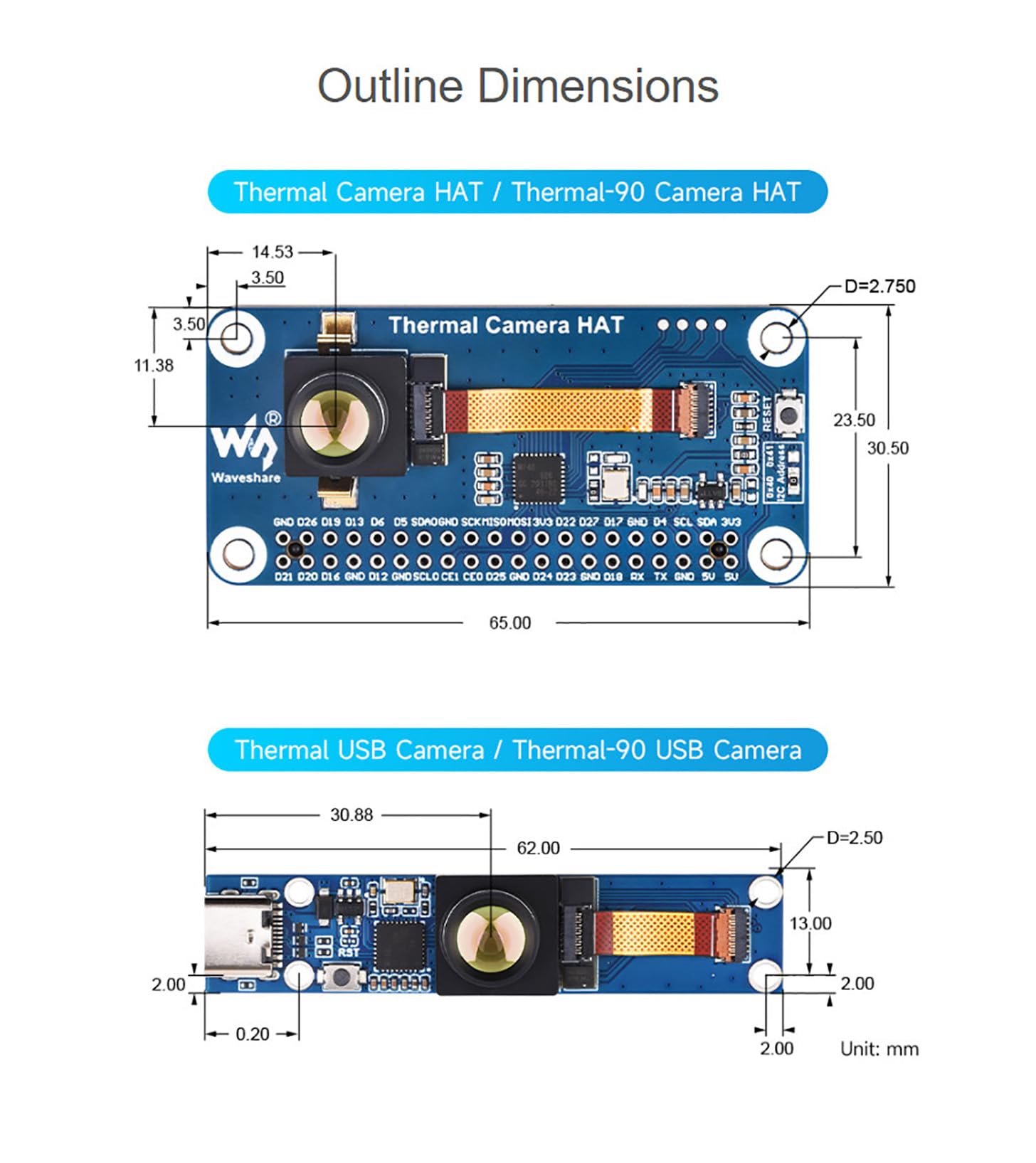 Modulo per fotocamera a infrarossi a lunga durata, compatibile con Raspberry Pi 80 × 62 pixel, 45 ° FOV, con 40 pin GPIO Header Shutter-Less Design per fotocamera Raspberry Pi IR